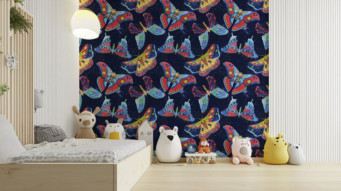 Night sky themed mural wallpaper with insects

