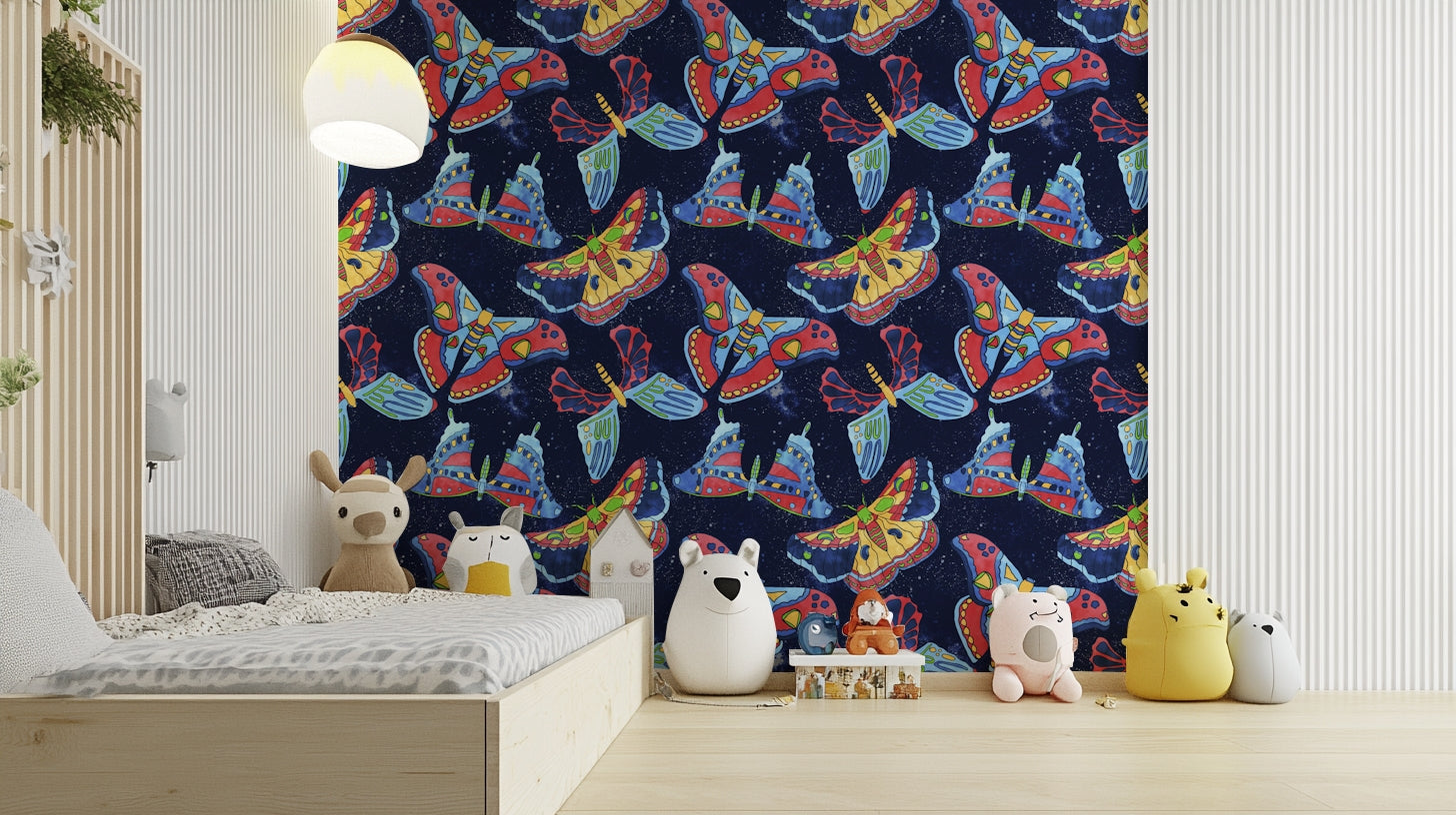Night sky themed mural wallpaper with insects


