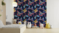 Night sky themed mural wallpaper with insects

