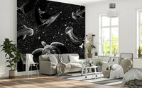 A calming celestial design wallpaper mural that defines a space.