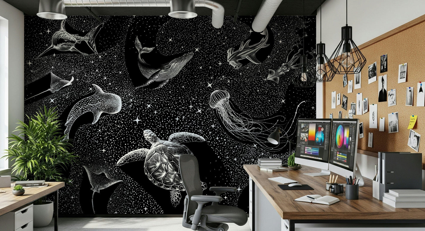 An artistic abstract galaxy mural on minimalist wallpaper.