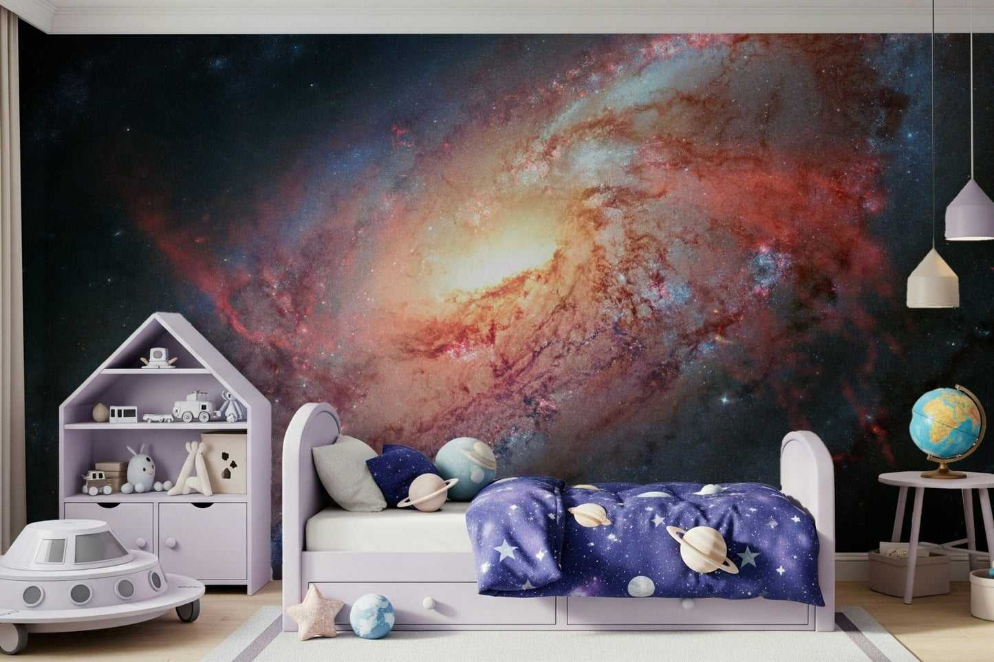 Bold Cosmic Swirl mural featuring radiant solar flares.