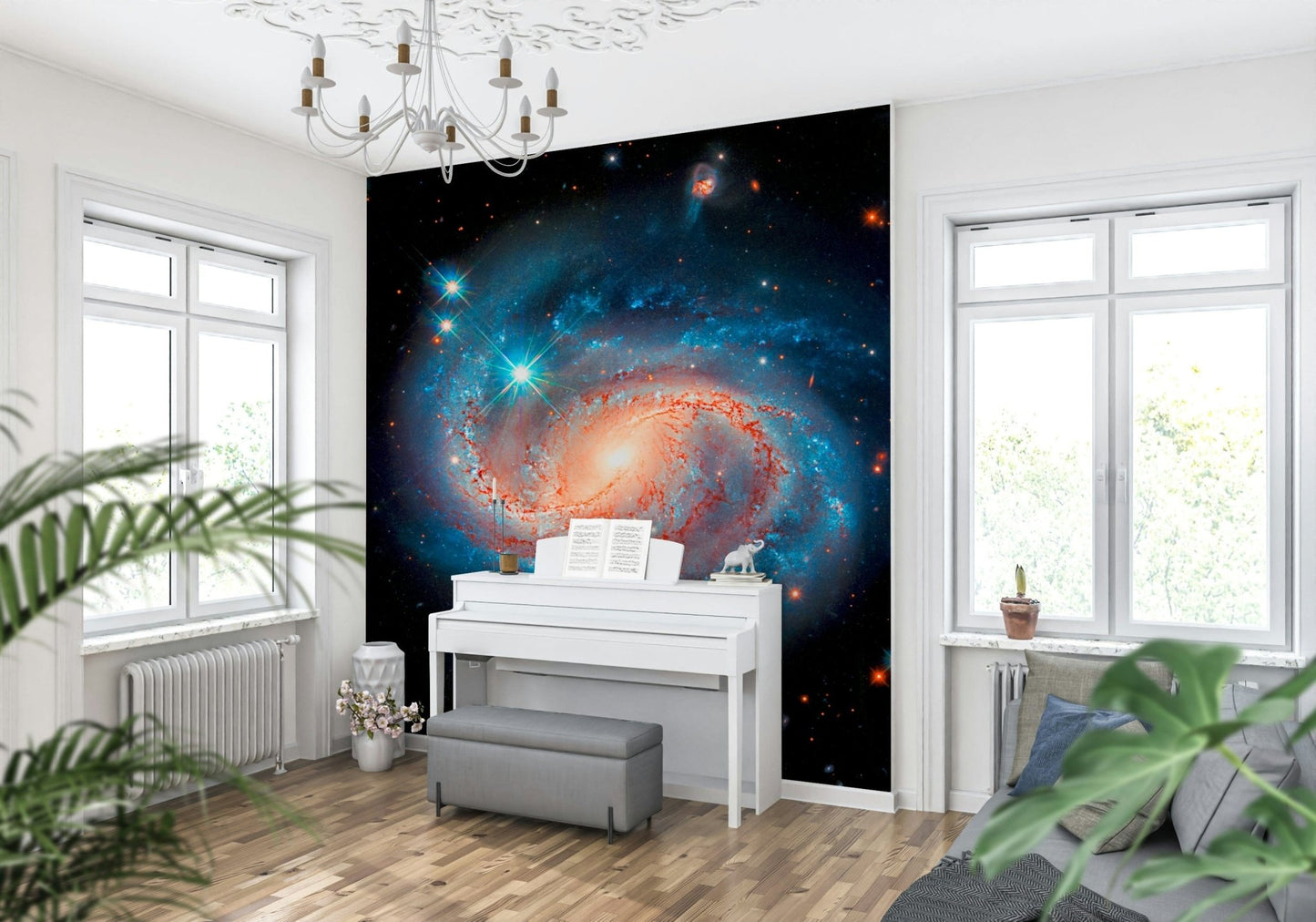 Cosmic Symphony wallpaper mural of a spiral galaxy behind a white piano with sheet music in a bright living room