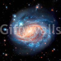 Cosmic Symphony wallpaper mural close-up of the red-cored blue spiral galaxy and bright stars on black space