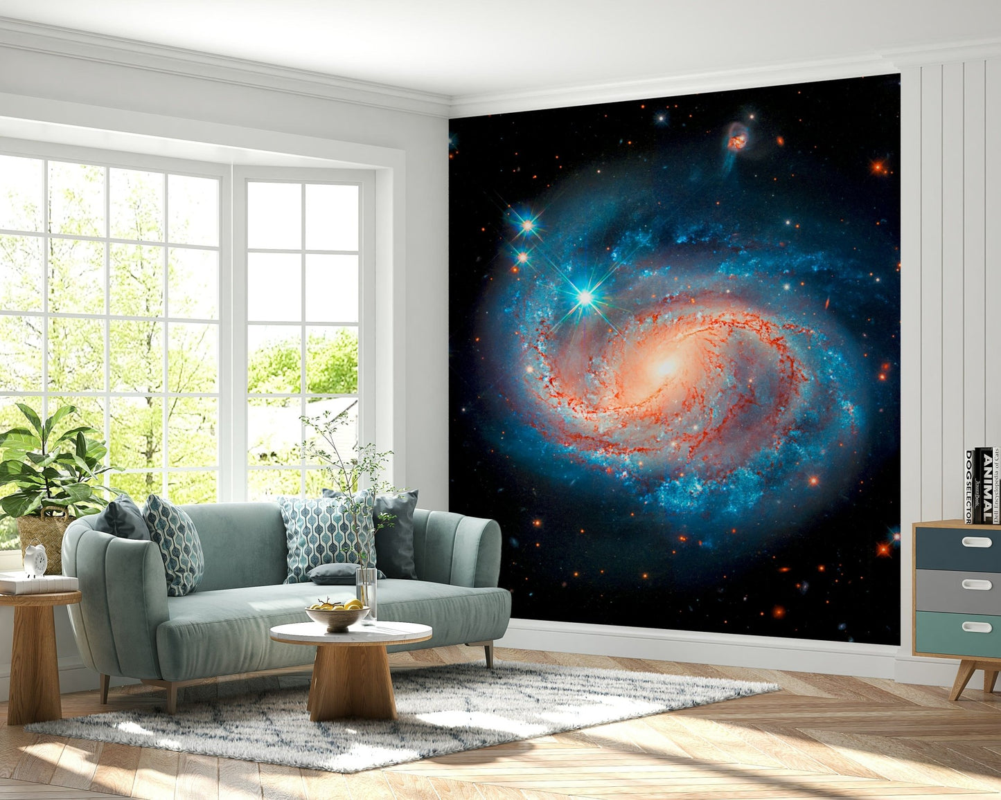 Cosmic Symphony wallpaper mural showing a spiral galaxy on the feature wall behind a sage green sofa in a living room