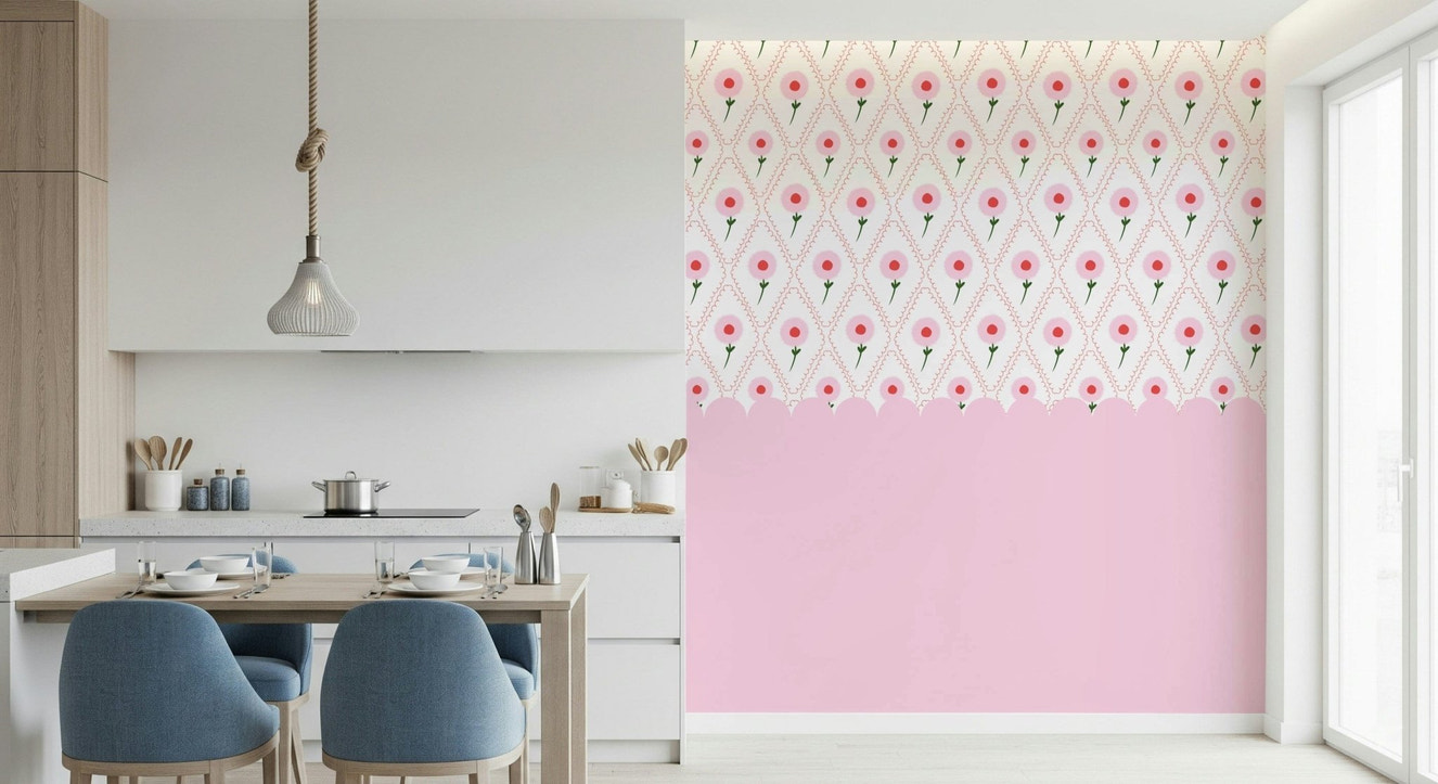 Cottage Rose Mural Wall Mural in a bright living room with modern white furniture.