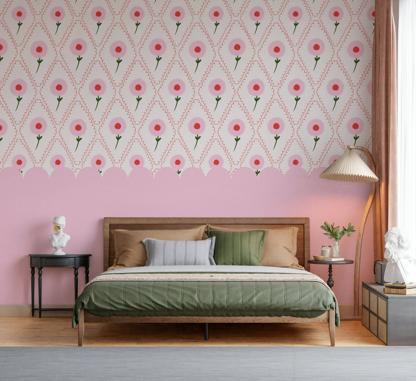 Minimalist office space featuring a soft rose mural for a calm backdrop.