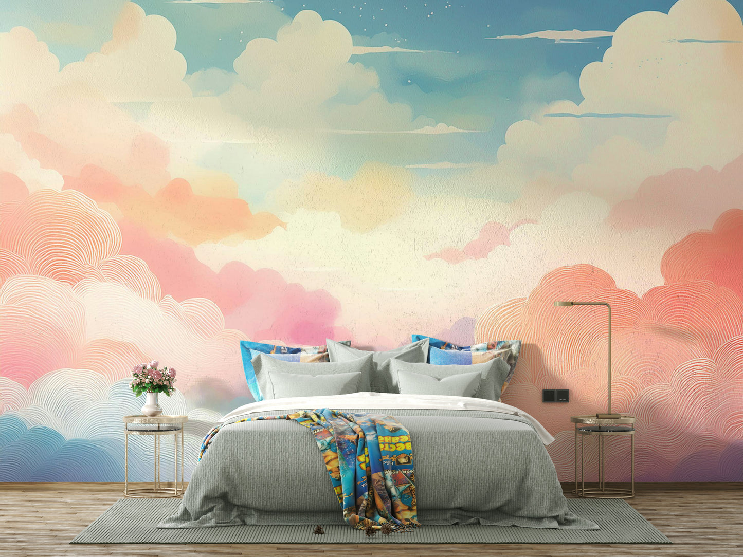 Elegant pastel sky wallpaper decorating a modern hallway space.