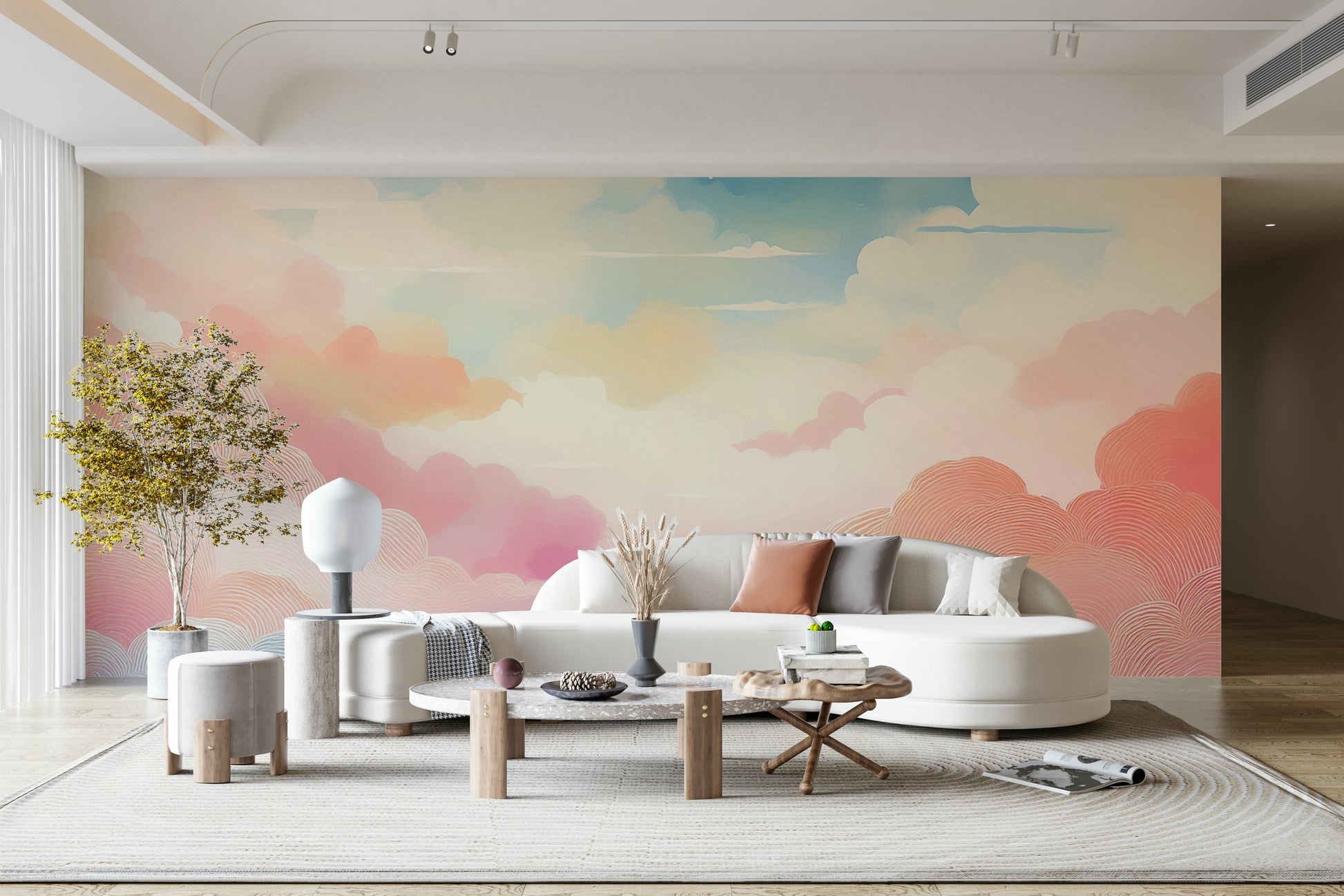 Light airy sky design on a large accent wall in a studio apartment.