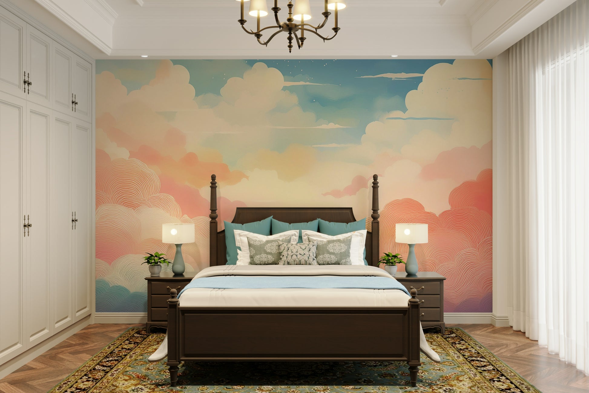 Close up of fluffy cloud patterns in peach and lavender tones.