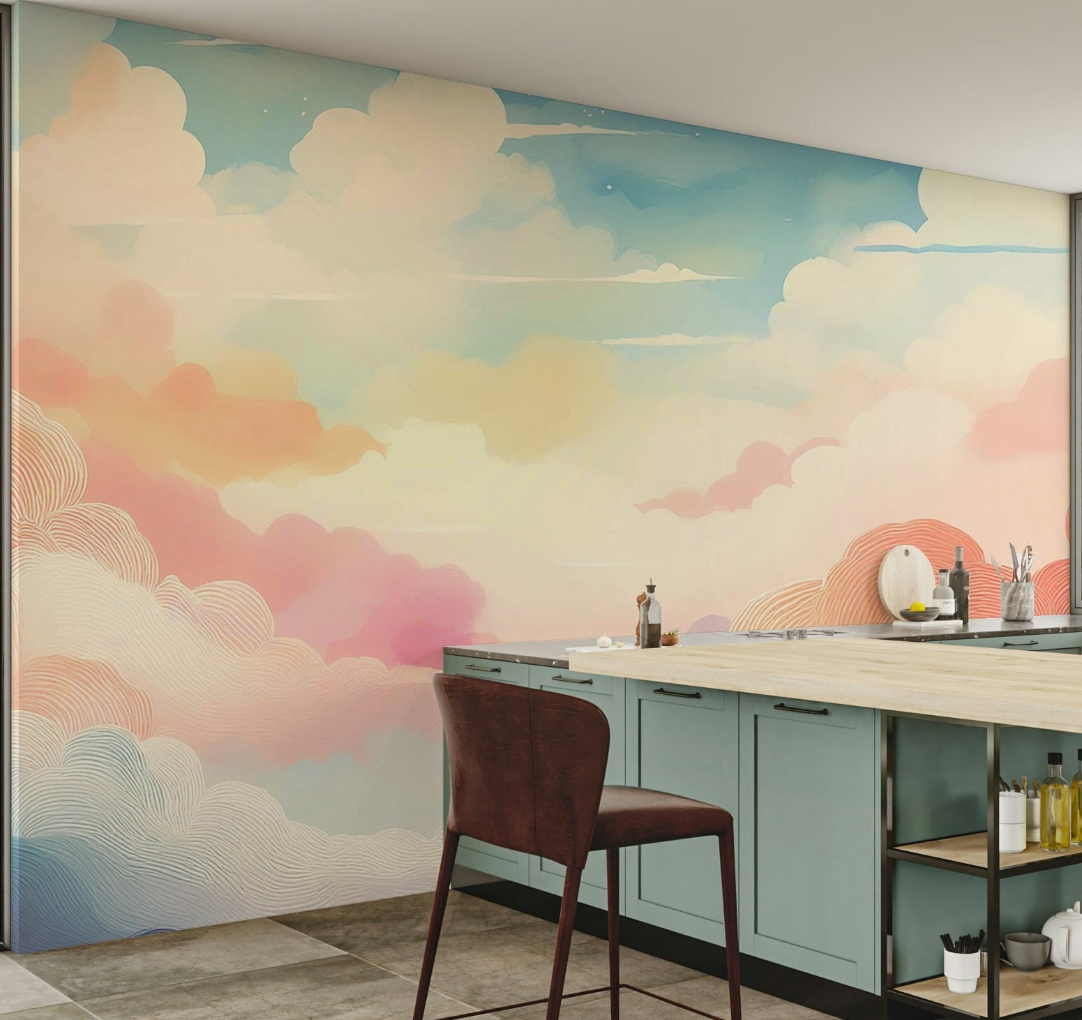 Dreamy cotton candy clouds wall mural behind a white sofa in a bright apartment.