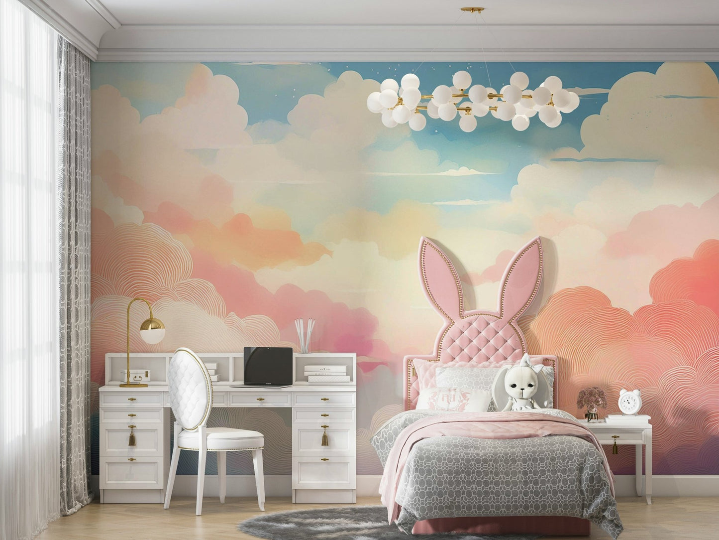 Serene pastel cloud mural for light and airy interiors

