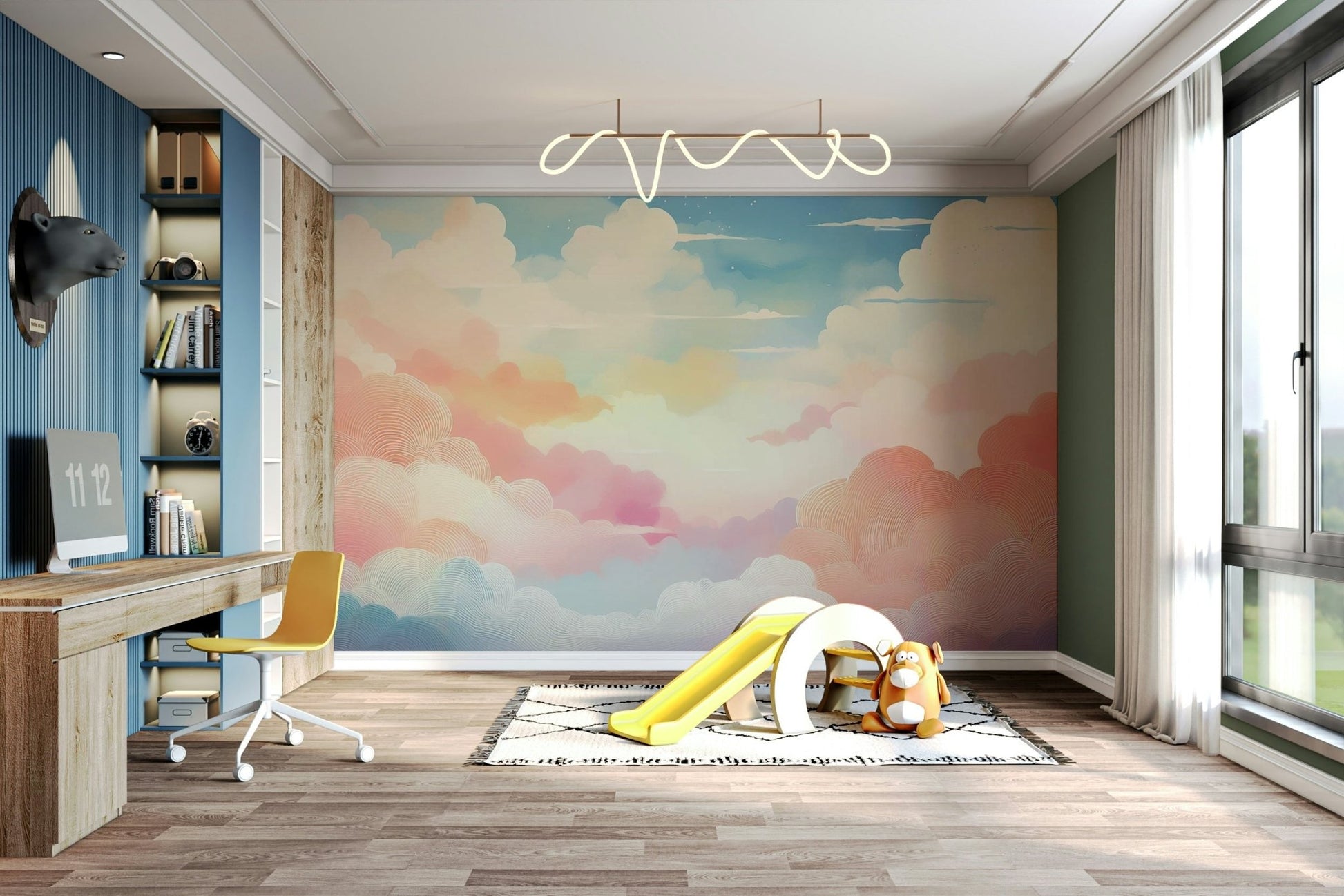 Serene cotton candy sky mural in pink, blue, and purple

