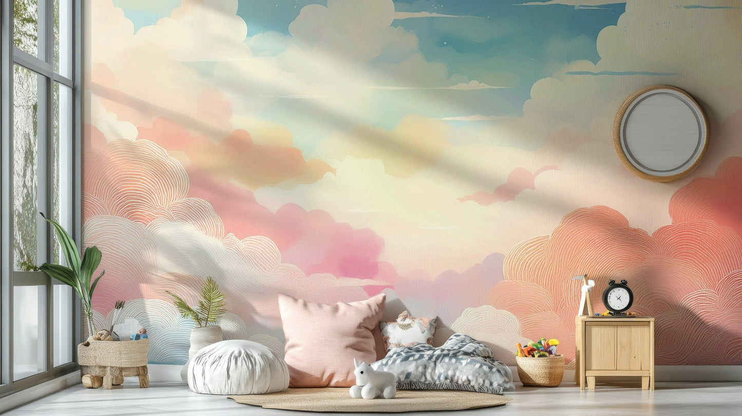 Cotton candy cloudscape mural with pastel skies

