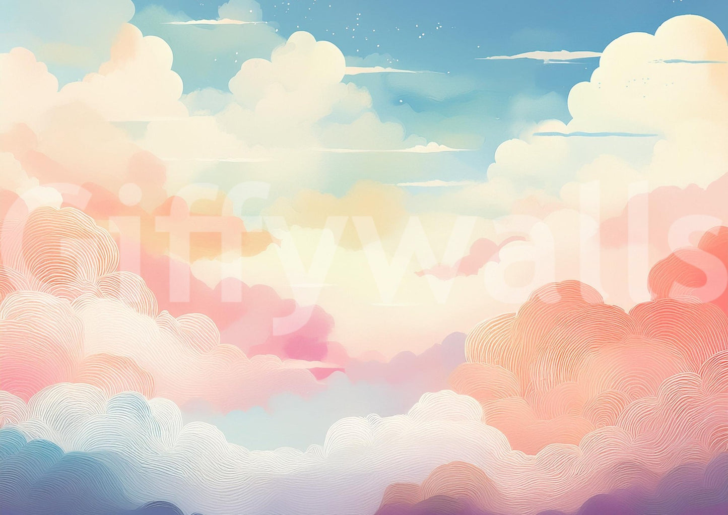 Soft pastel cloud mural with gentle cotton candy hues

