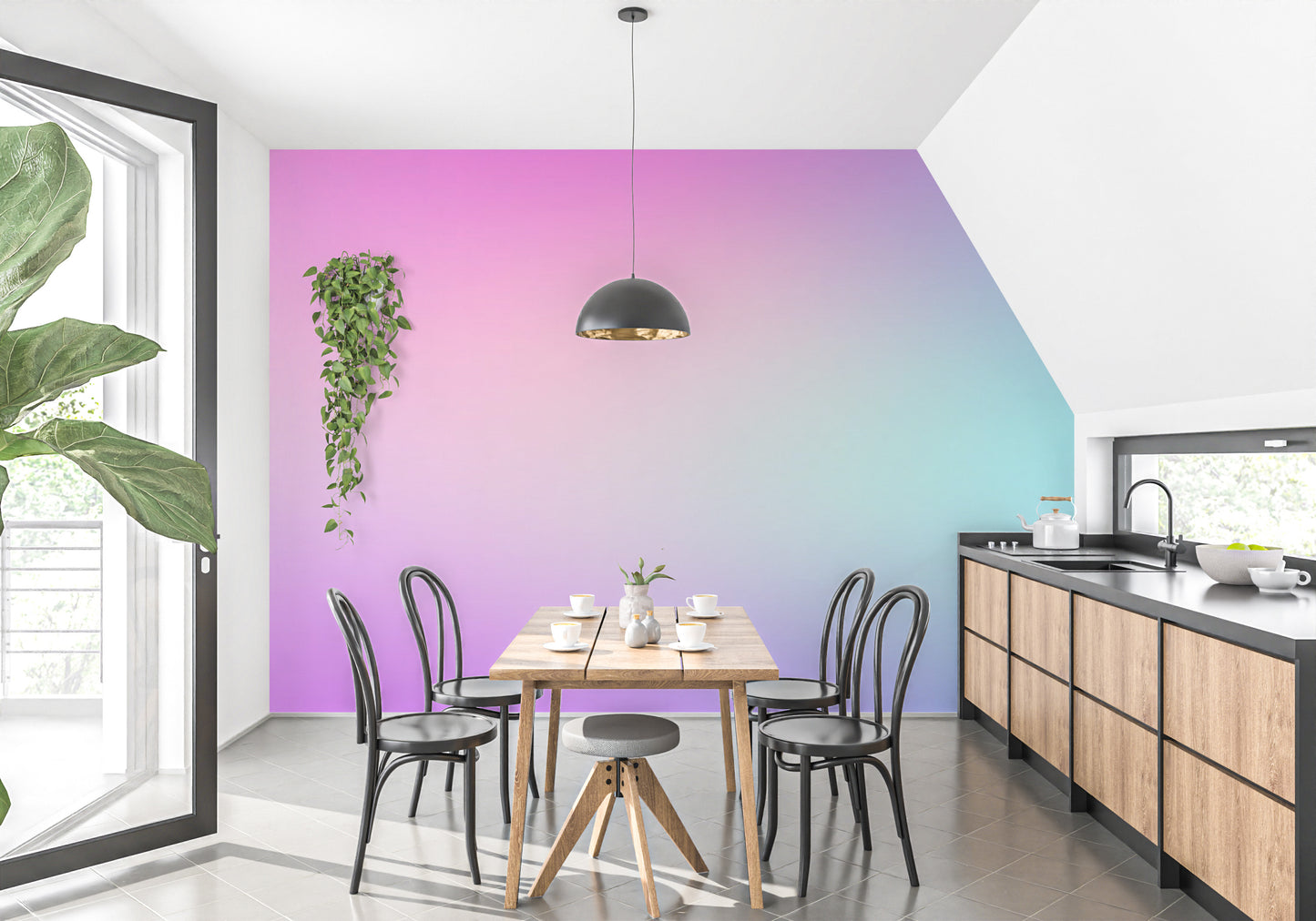 Cotton Candy Pastel Gradient wallpaper mural in pink to aqua in a kitchen diner with a wood table and black bentwood chairs