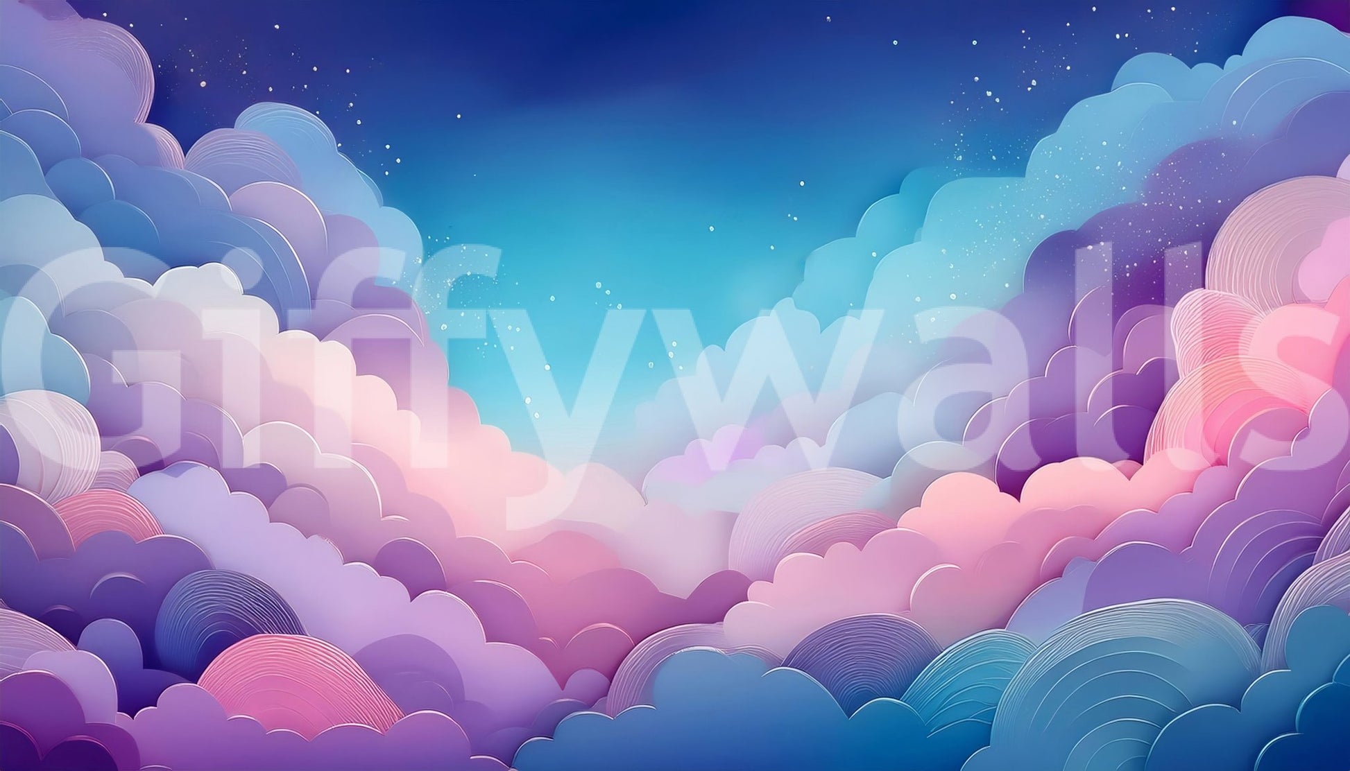 Room wall featuring dreamy cotton candy sky design

