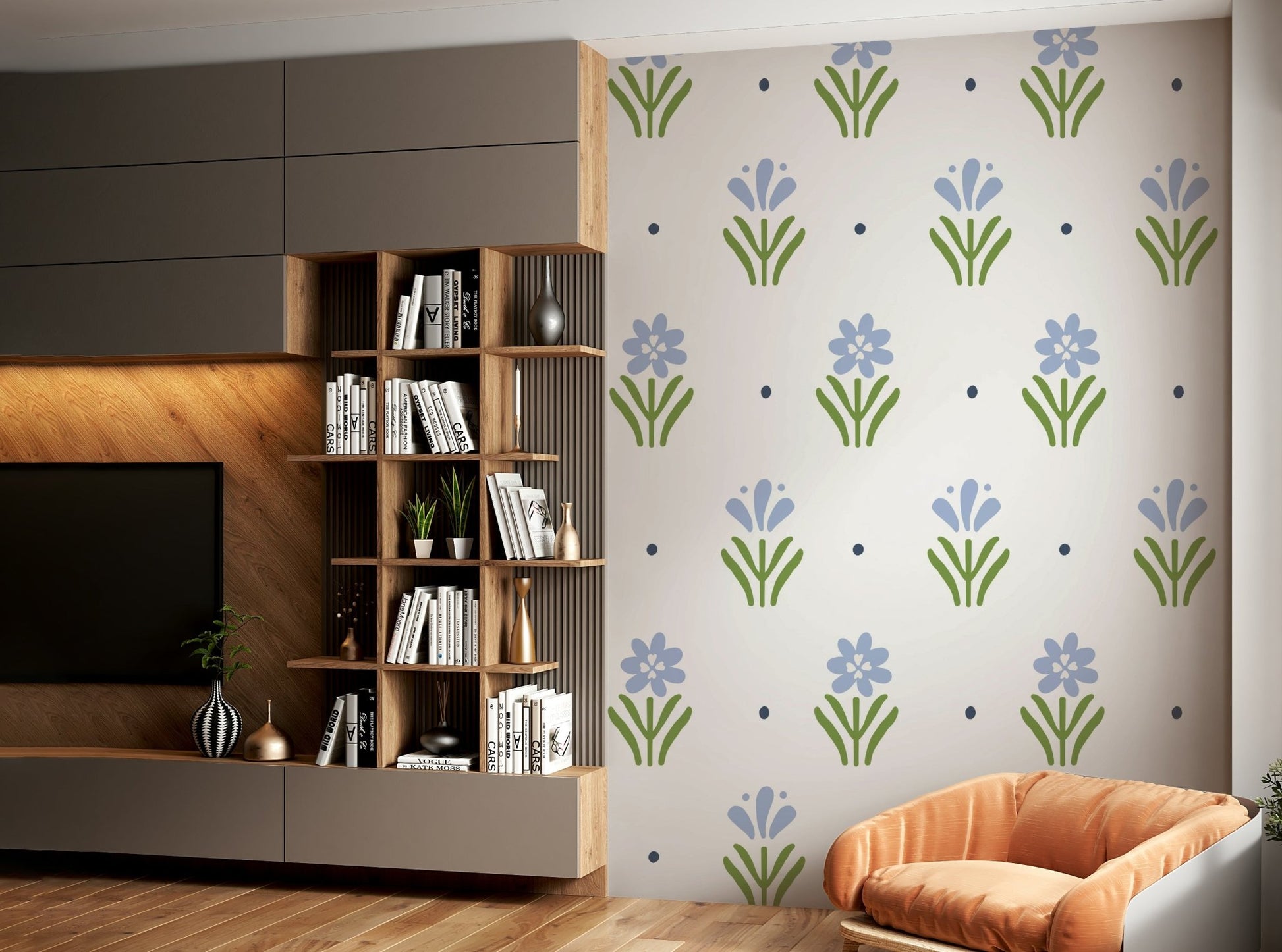 Serene blue floral wallpaper for cozy cottage-style decor.

