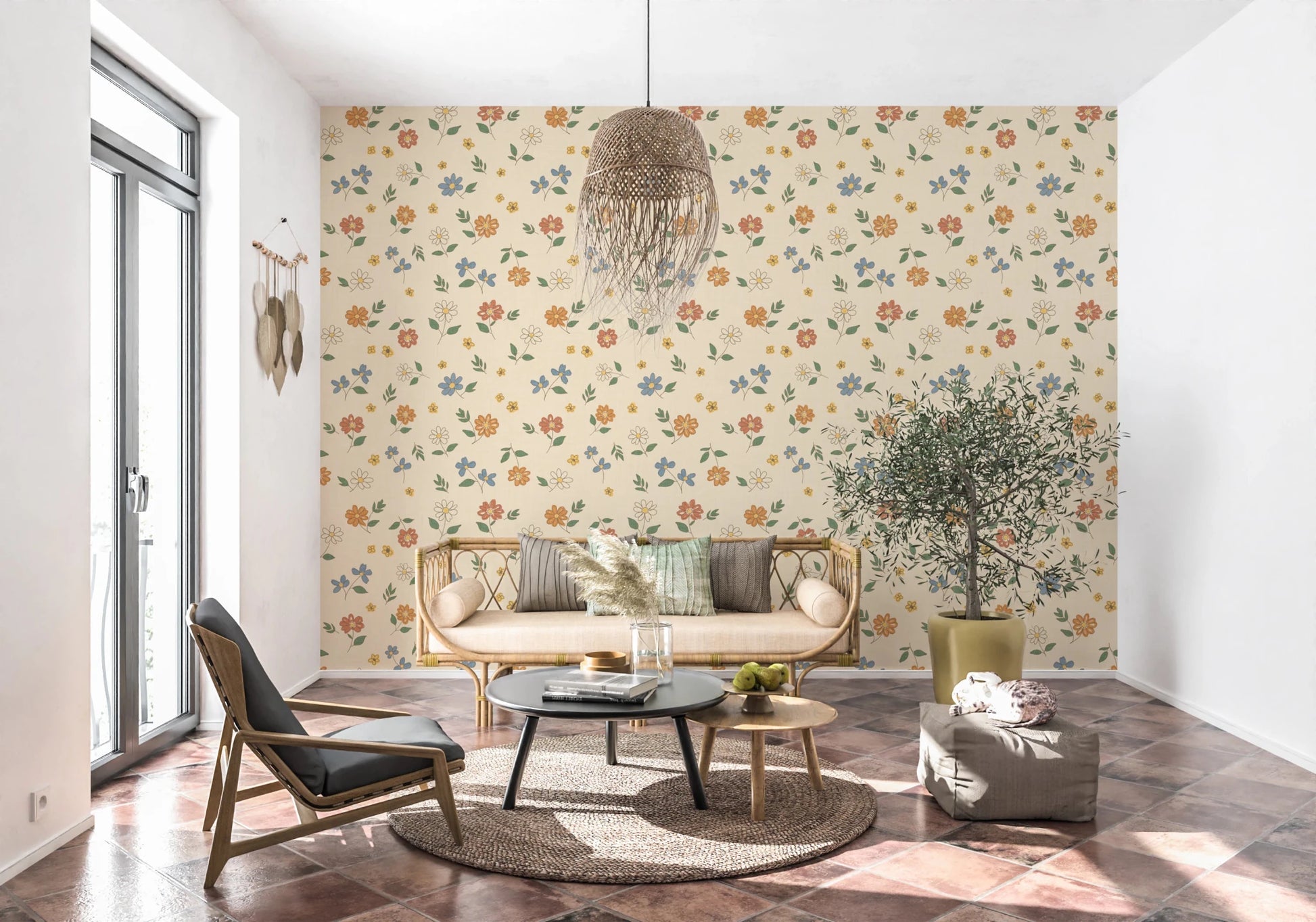 Country Scattered Floral Cream Granny Core Wallpaper⁠
