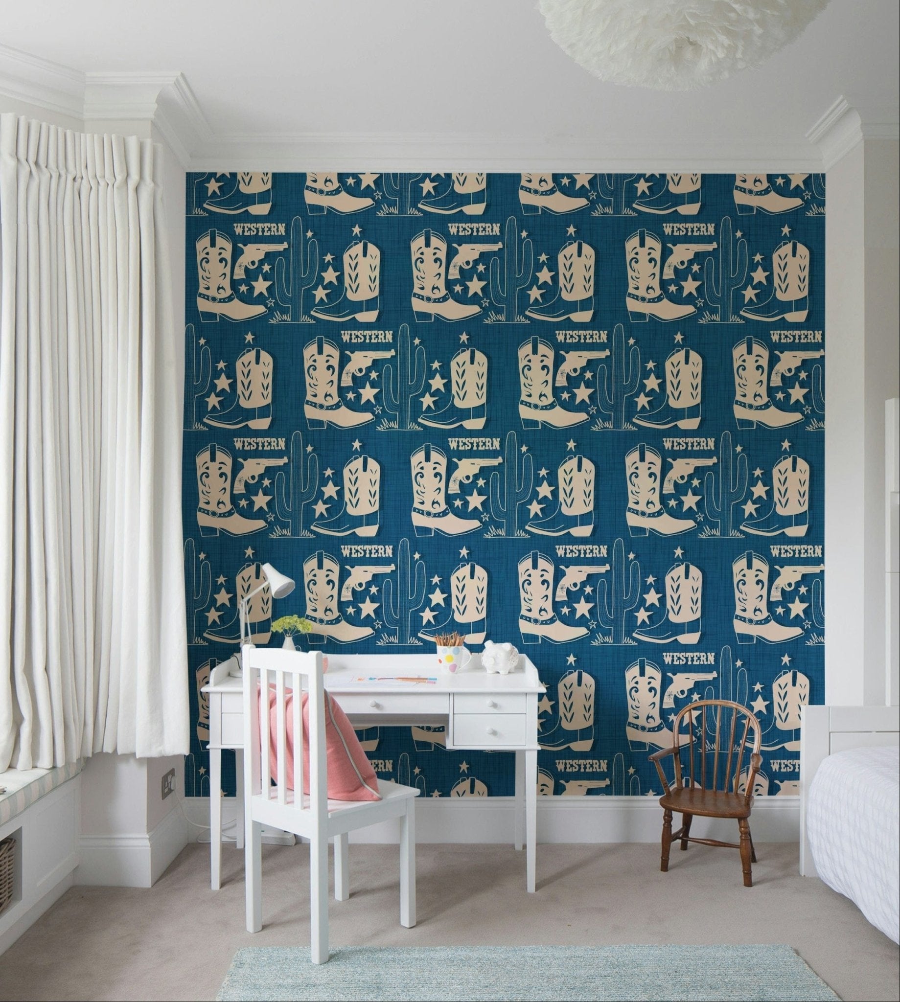 Rustic wallpaper mural featuring cowboy boots, pistols, and desert cacti in a repeating layout.