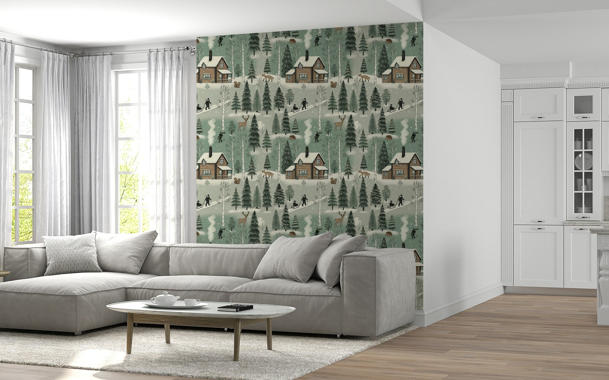 Rustic winter cabin wallpaper perfect for living rooms, bedrooms, or cabins.