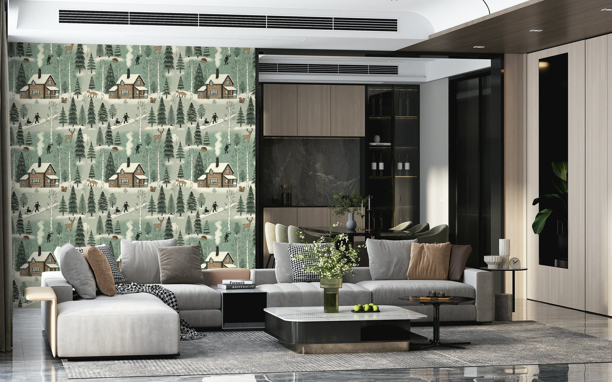 Winter forest and cabin wall mural adding a charming, seasonal touch to walls.