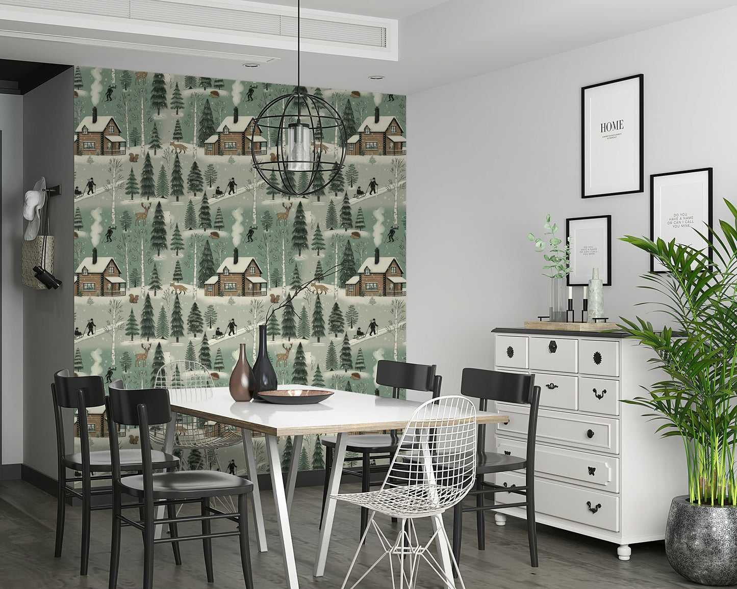 Snowy cabin wallpaper creating a warm, rustic winter-inspired interior.