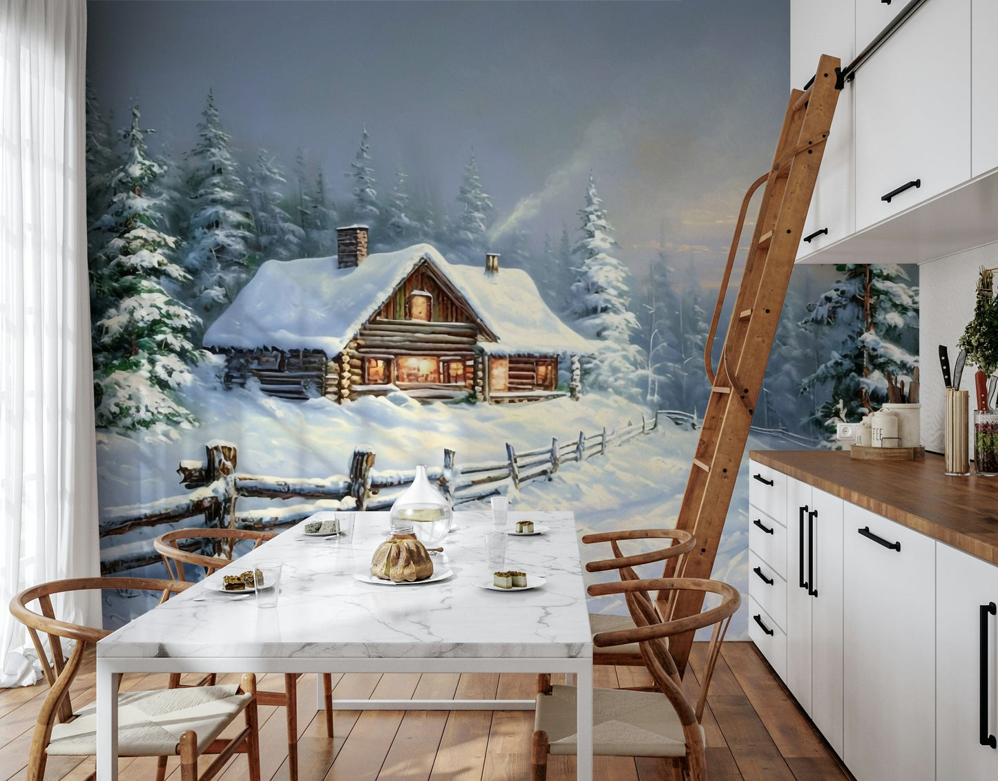 Peaceful nature-inspired mural with soft snow hues for living room wall