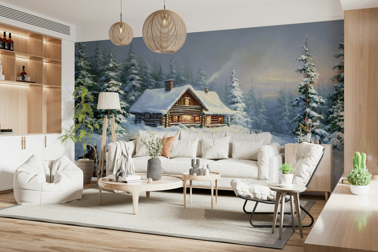 Serene winter forest wallpaper with subtle color warmth for apartment interior
