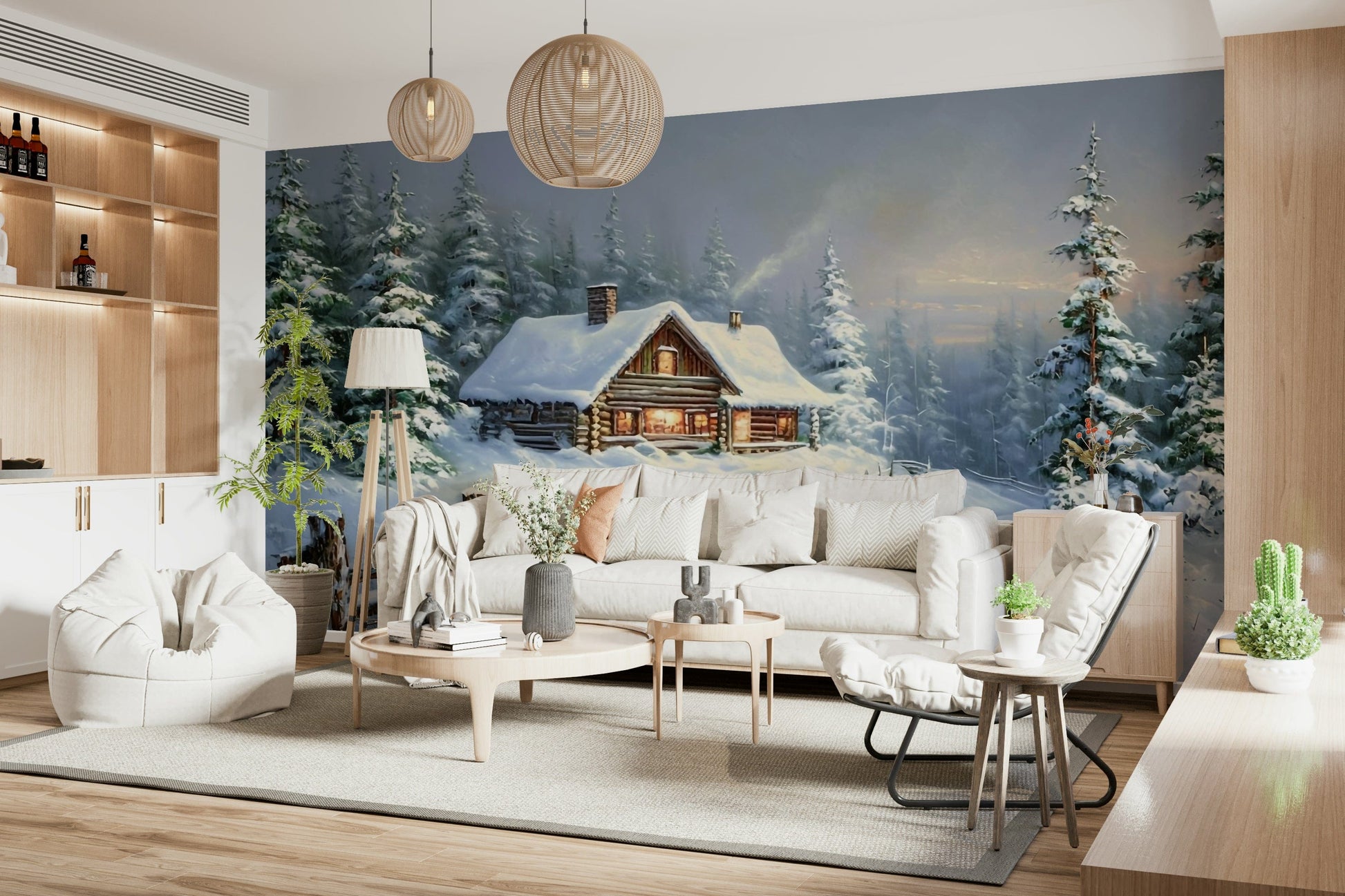 Serene winter forest wallpaper with subtle color warmth for apartment interior