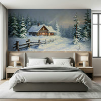 Snowy forest mural adding warm color tones to apartment bedroom wall decor