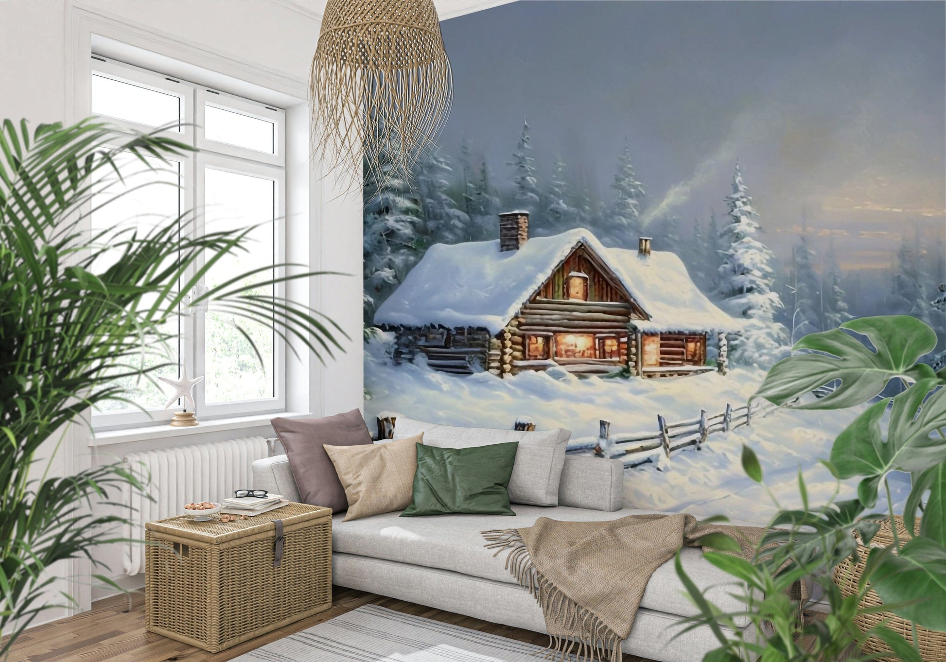 Minimalist winter mural with pale tree silhouettes and golden morning light