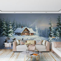 Cozy winter landscape wall mural in soft beige tones for modern living room decor