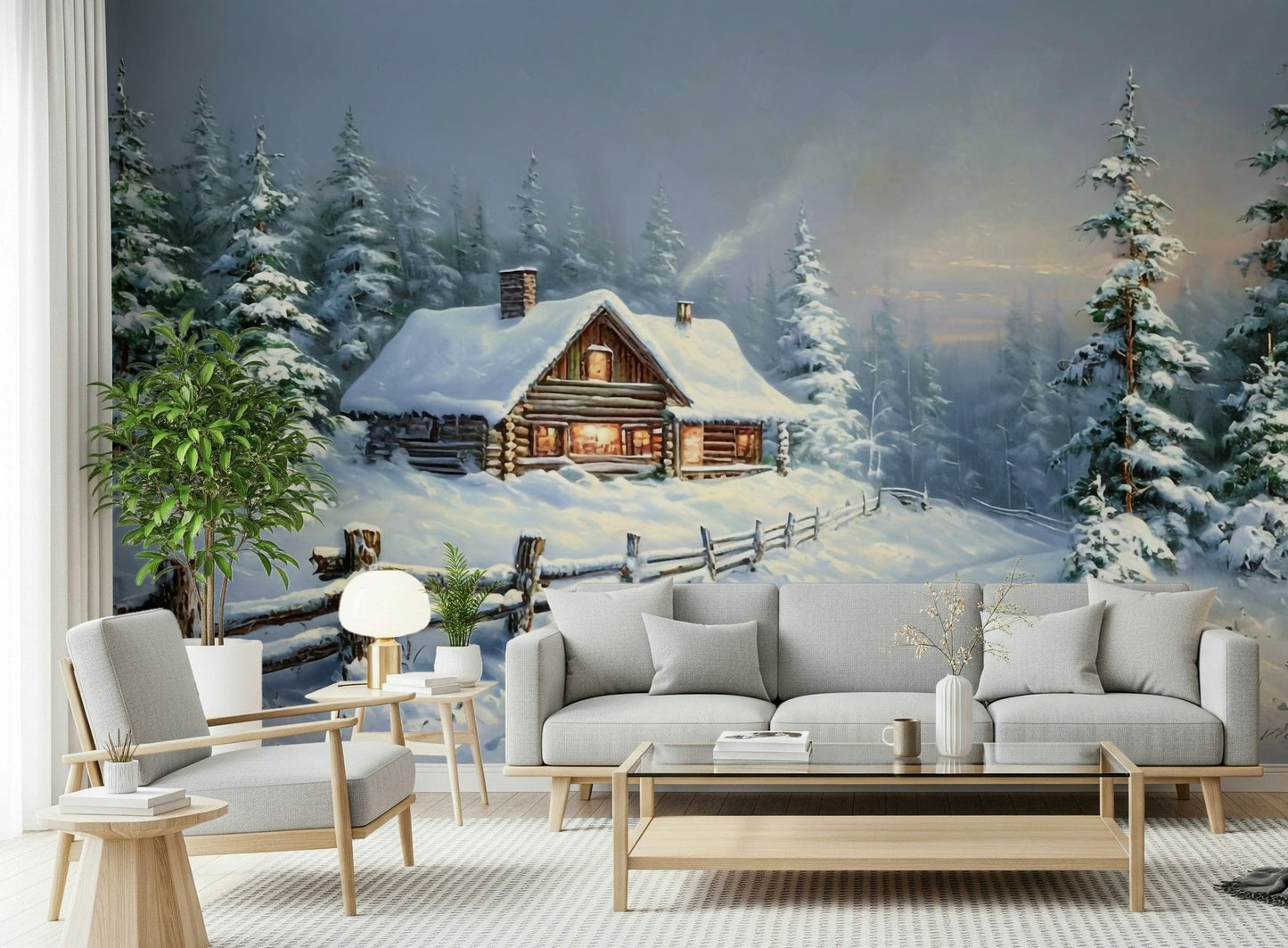 Neutral winter scene wallpaper with soft sunlight glow for a dining area wall