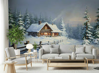 Neutral winter scene wallpaper with soft sunlight glow for a dining area wall
