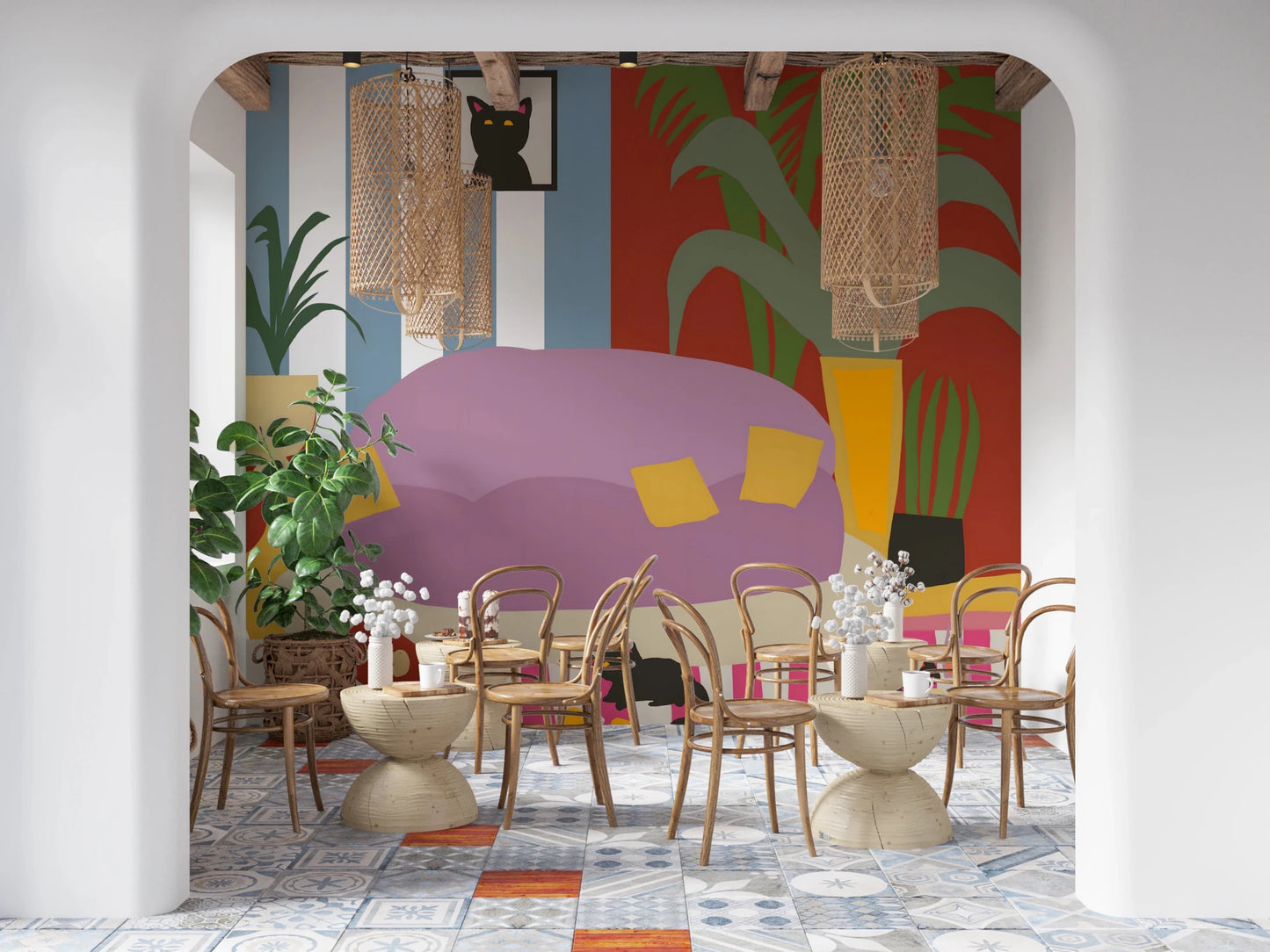 Cozy Cat Life Living Room Striped Wall Mural