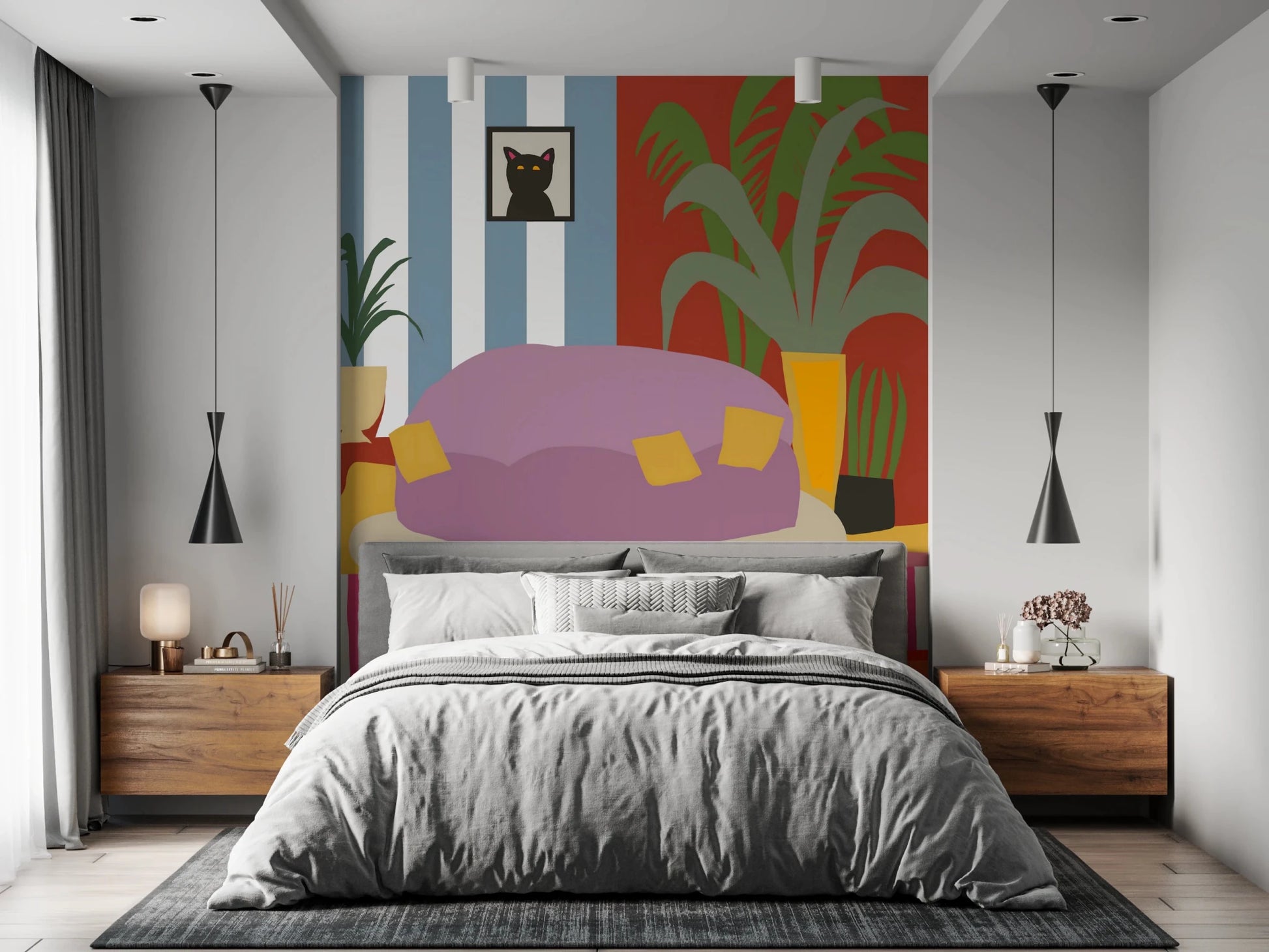 Cozy Cat Life Living Room Striped Wall Mural