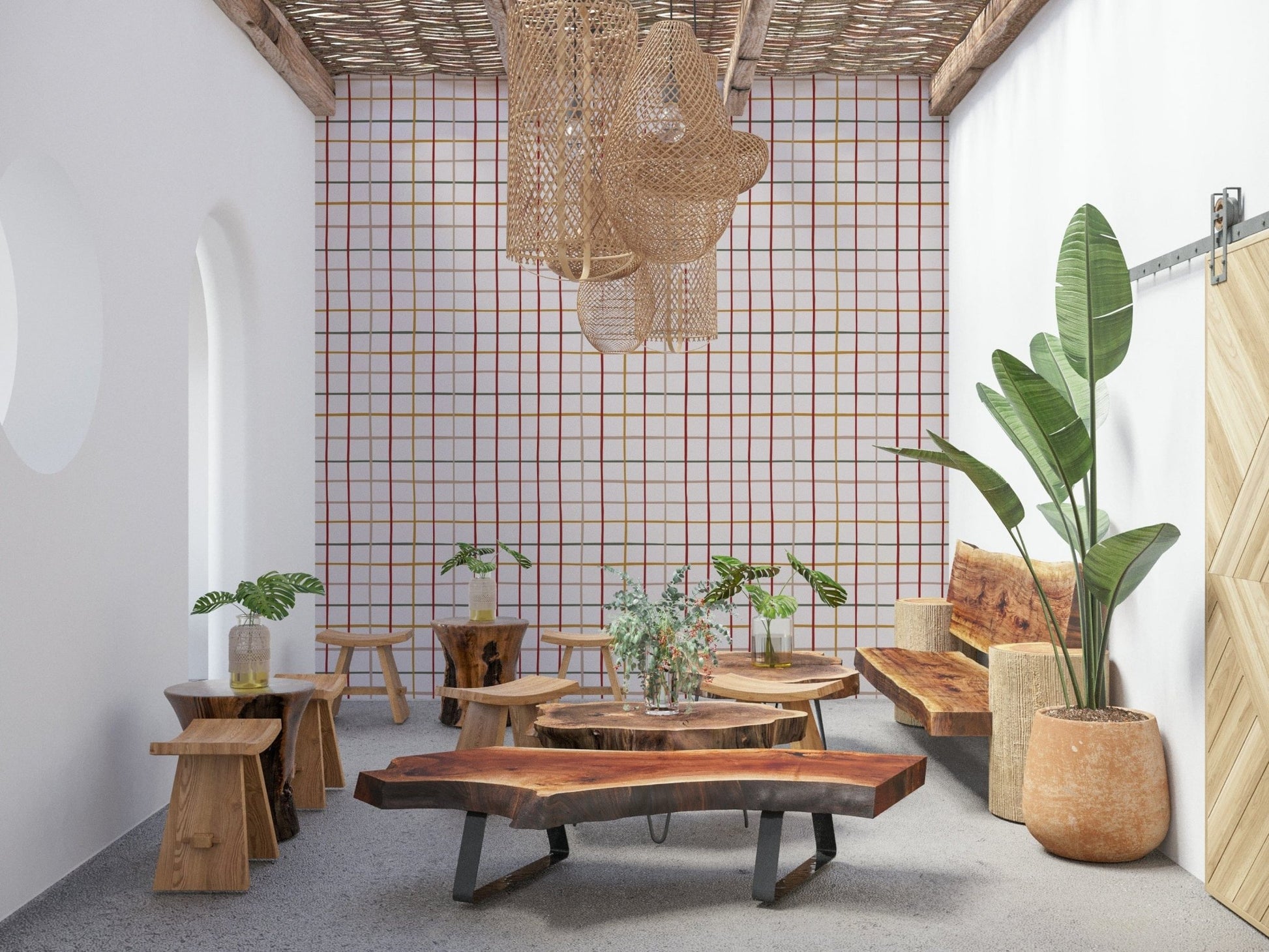 Cozy checkered pattern wall mural featuring warm neutral shades.