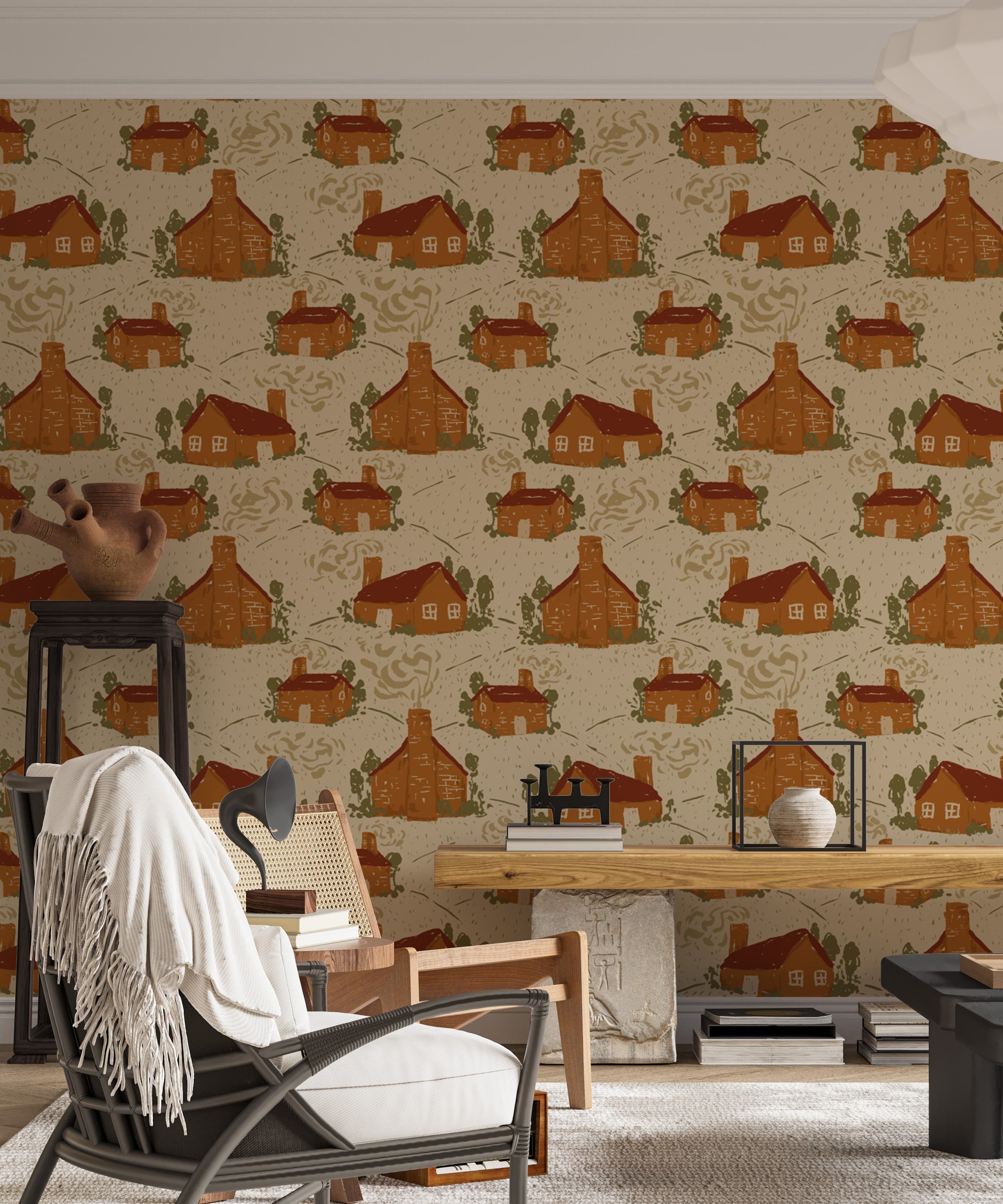 Whimsical cozy cottages wallpaper for a dreamy, countryside vibe.
