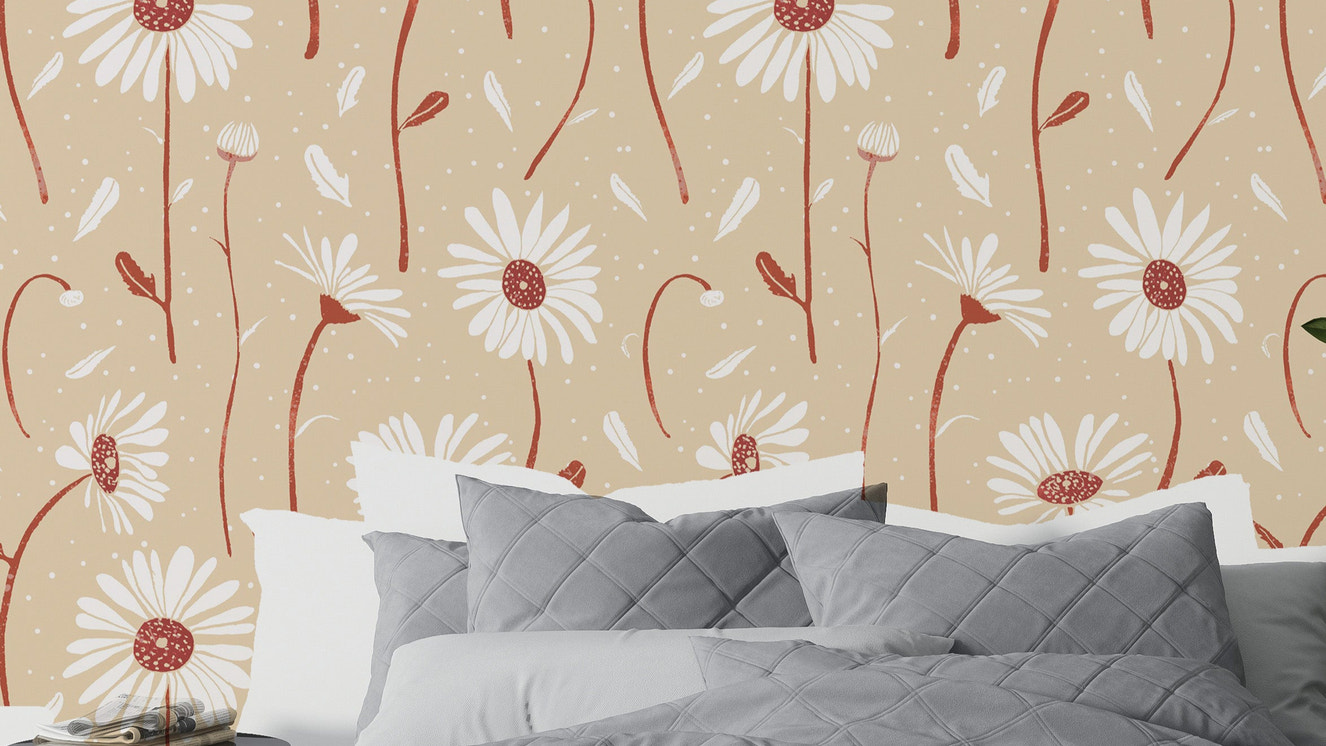 Cozy cream daisy flower wallpaper for soft interiors

