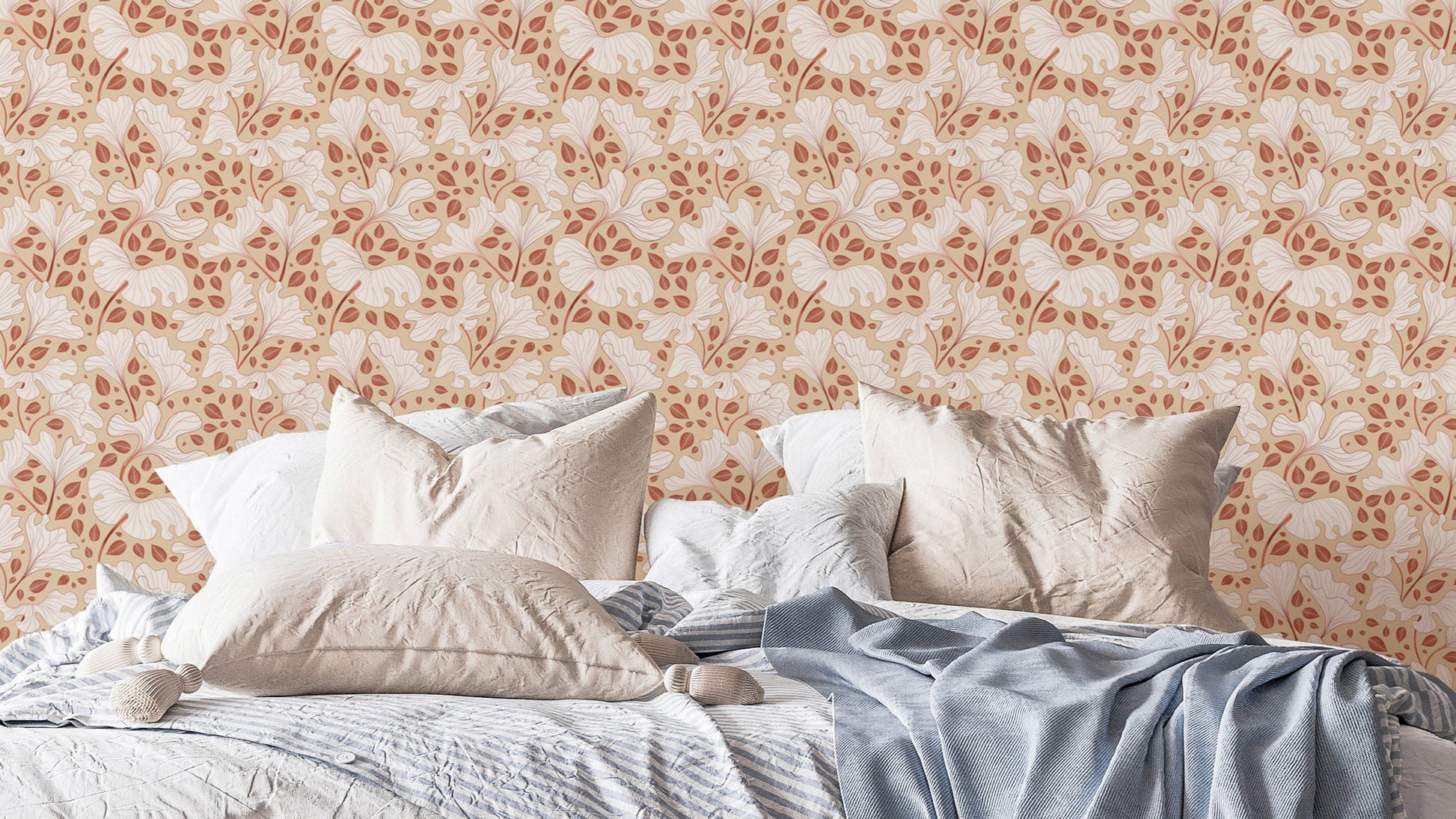 Cozy cream foliage wallpaper mural for warm interiors

