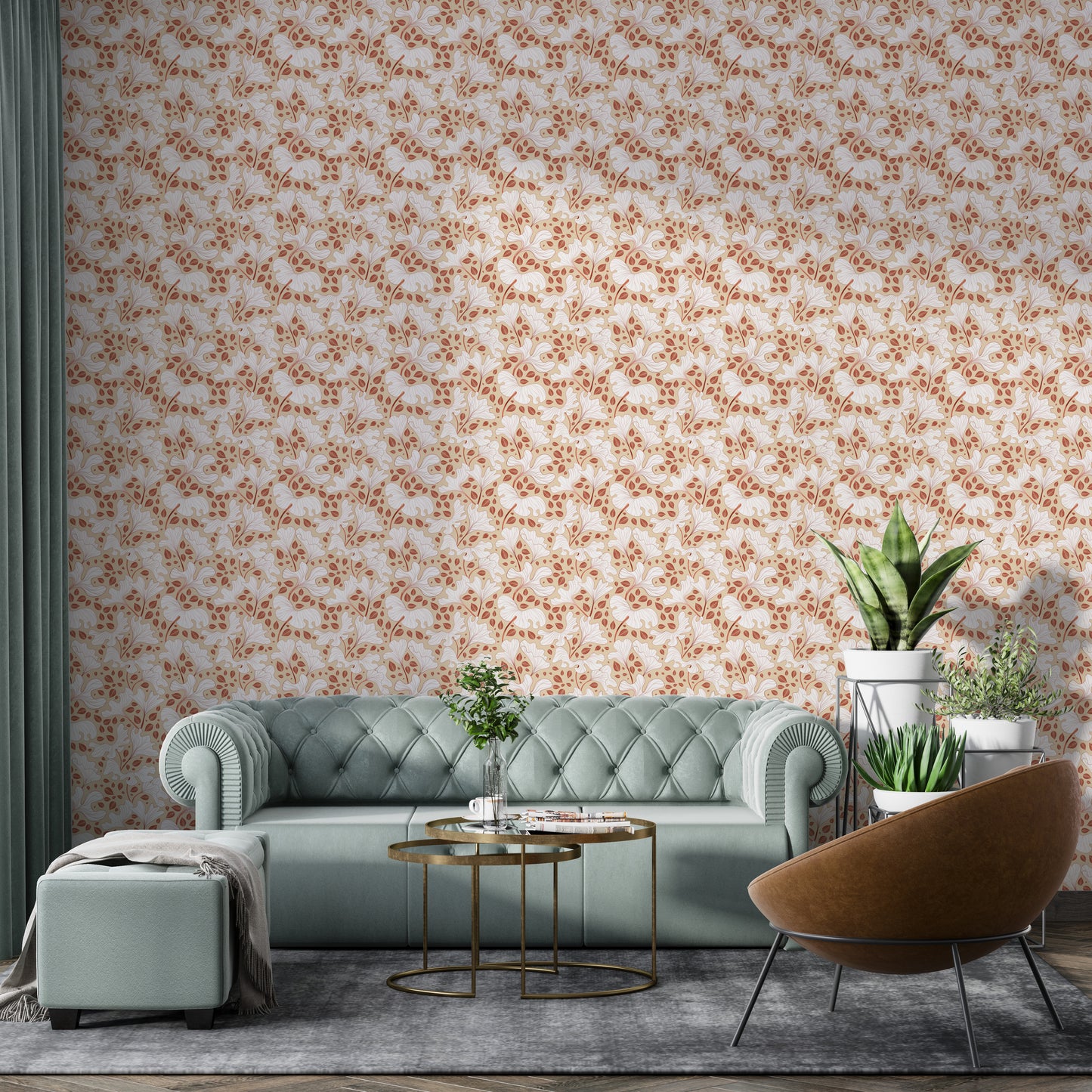 Subtle leaf mural in neutral earth-toned palette

