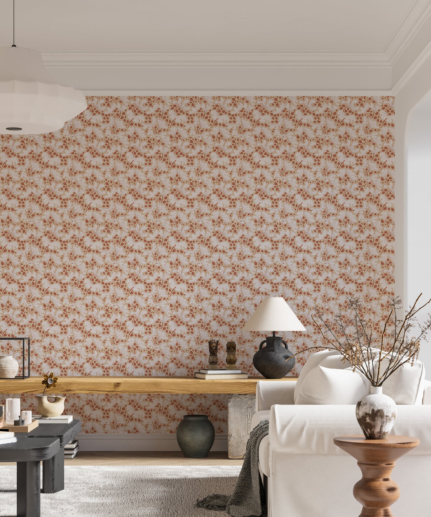 Neutral wallpaper mural with soft leafy illustrations

