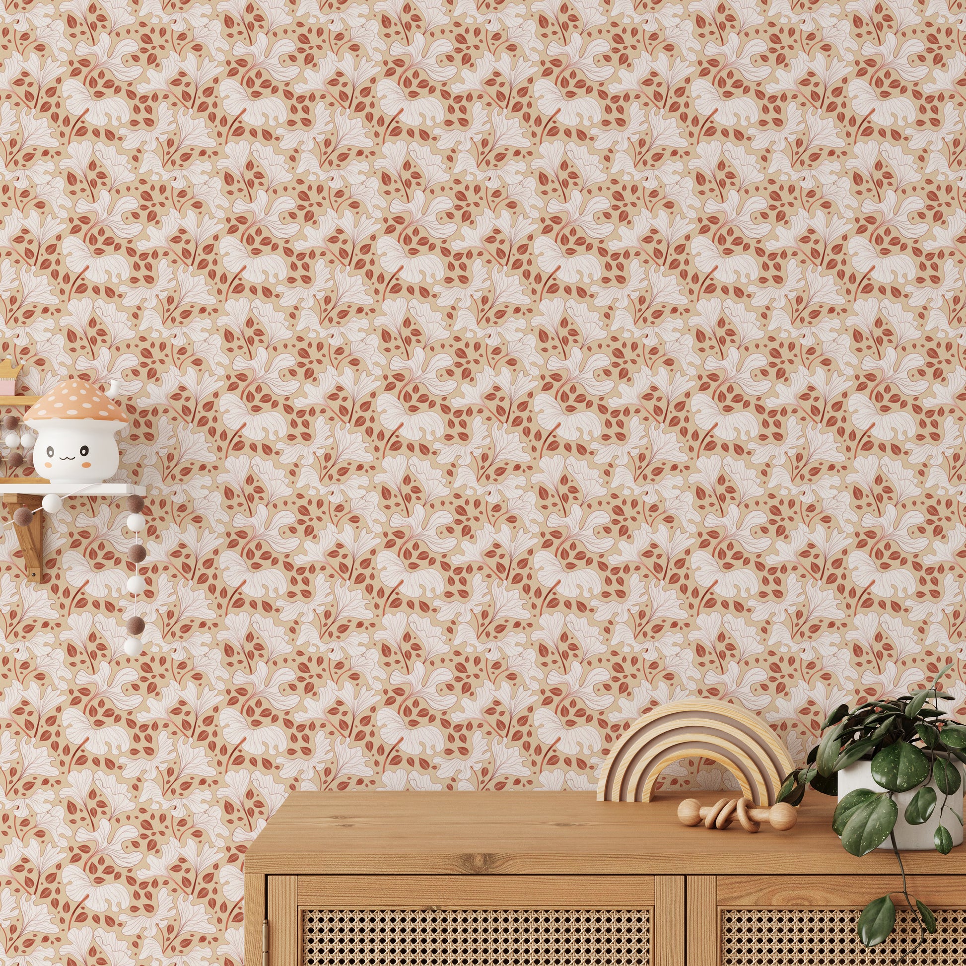 Peel and stick wallpaper with neutral foliage pattern

