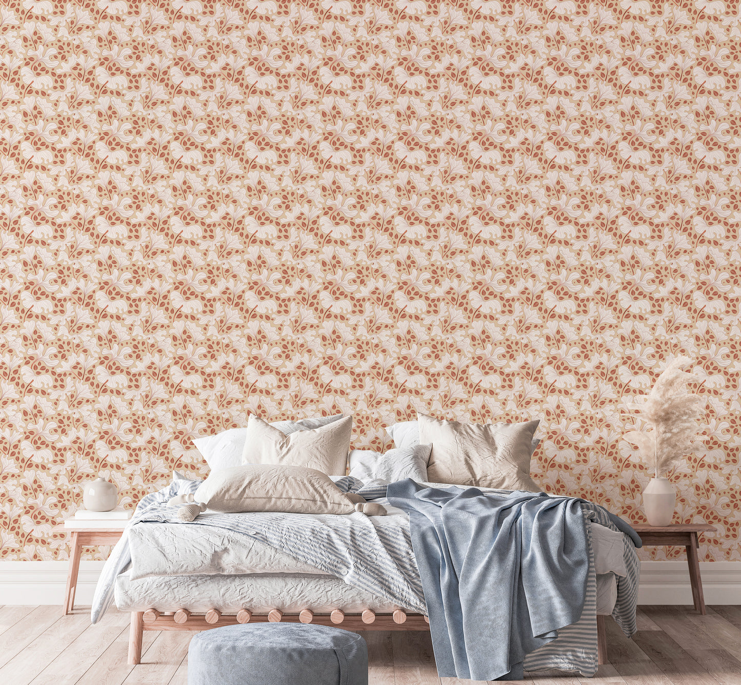 Soft botanical mural with cream leaf silhouettes

