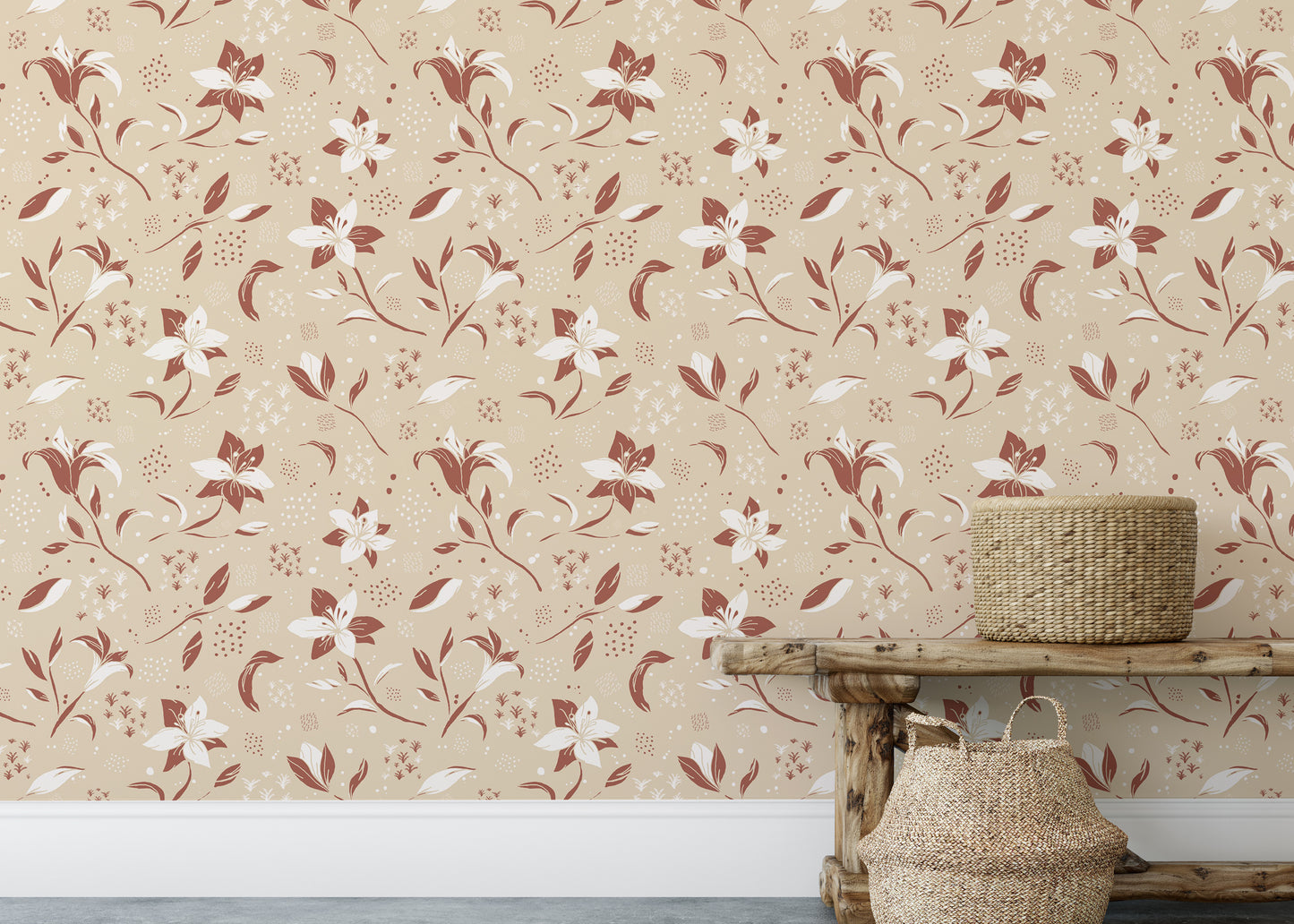 Cozy Cream Lilies wallpaper in rust-red and white blossoms beside a rustic wooden bench with woven baskets