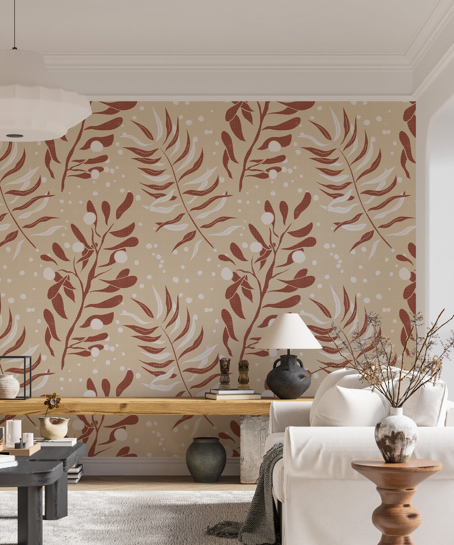 Neutral tropical wallpaper for relaxed modern interiors

