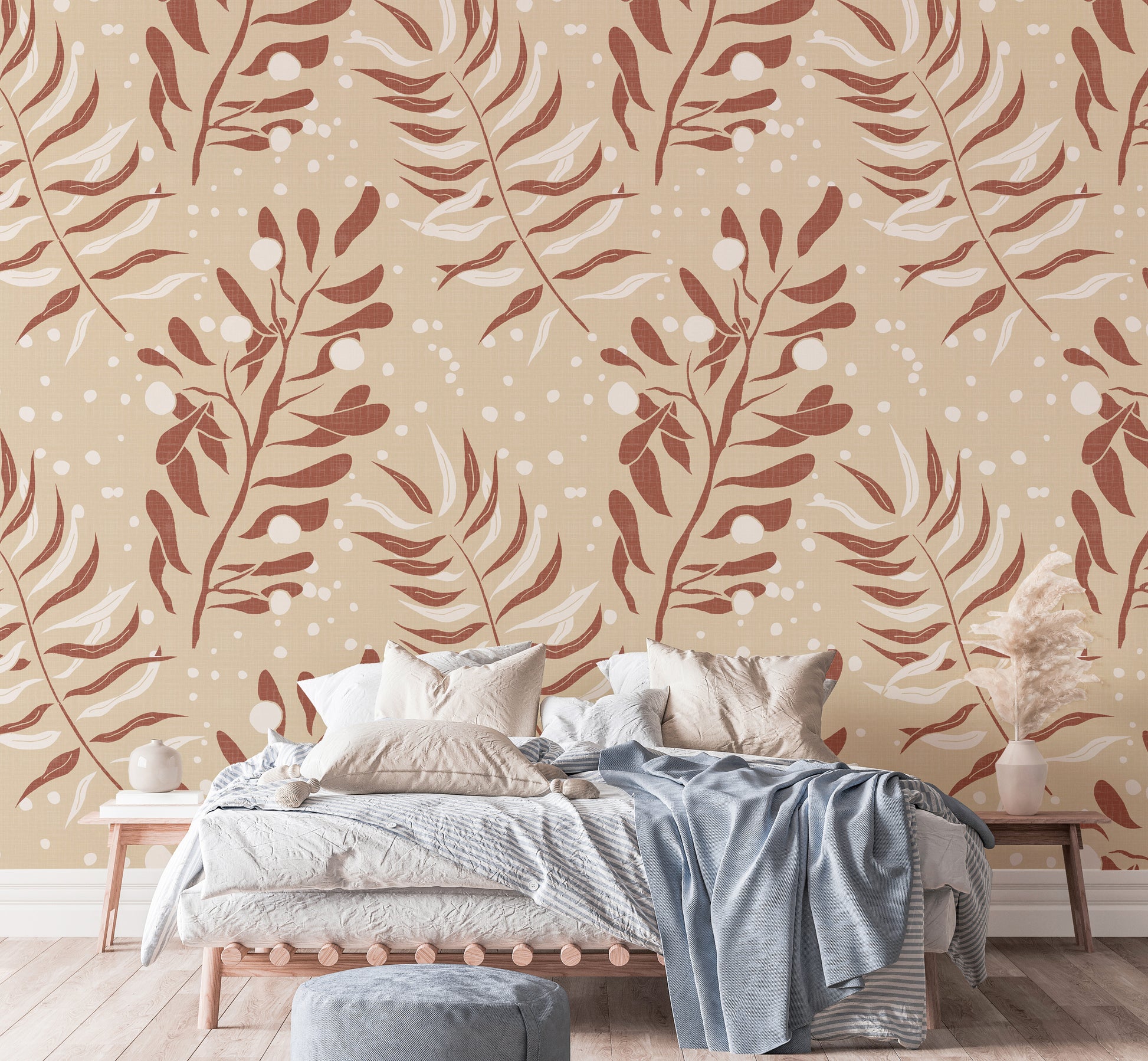 Tropical-inspired wallpaper with subtle cream frond design

