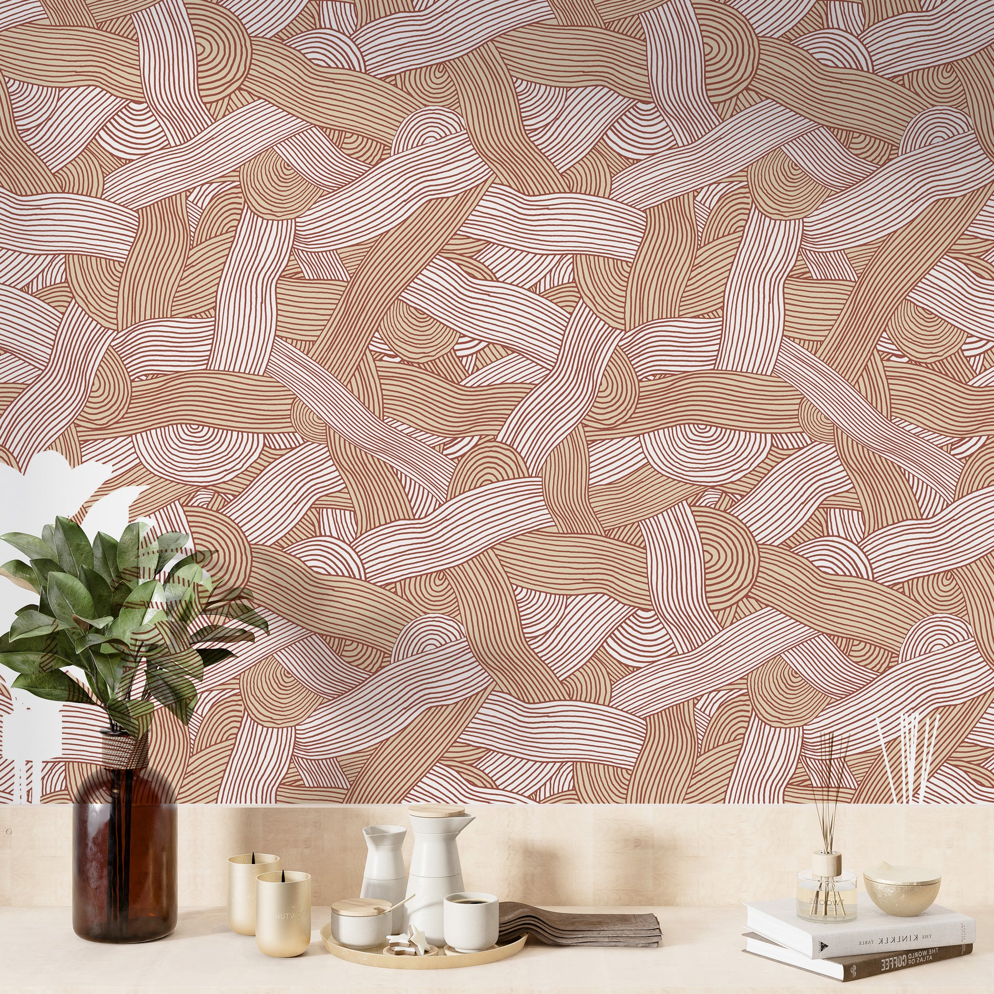 Neutral wall mural with cozy textured stripe design

