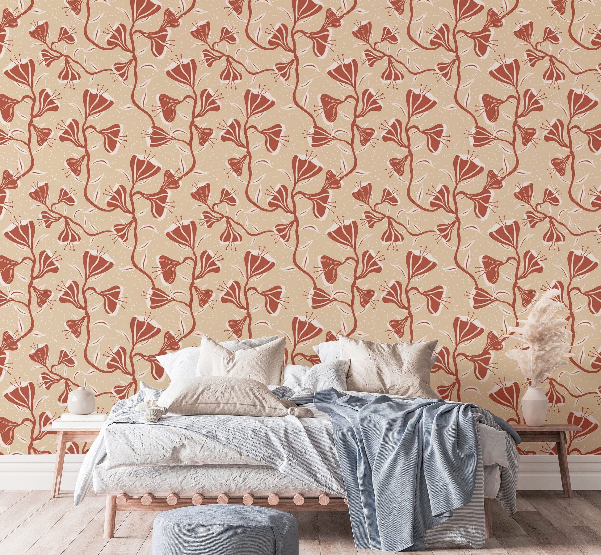 Delicate floral vine mural with neutral cream palette

